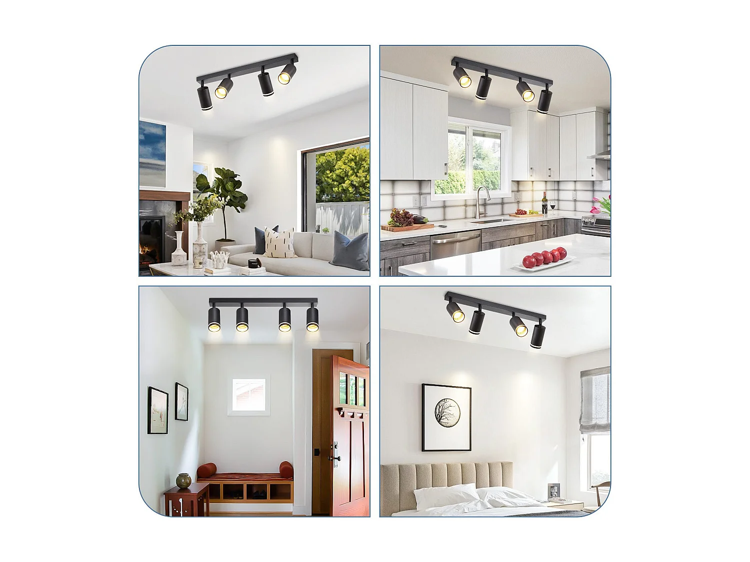 NETTLIFE Opbouwspot GU10 zwart L 58cm rechthoekig Moderne Plafondlamp 355° draaibaar Plafondspot 4-Lichts cilinder Lampkap voor Slaafkamer Kantoor Woonkamer Max.25W