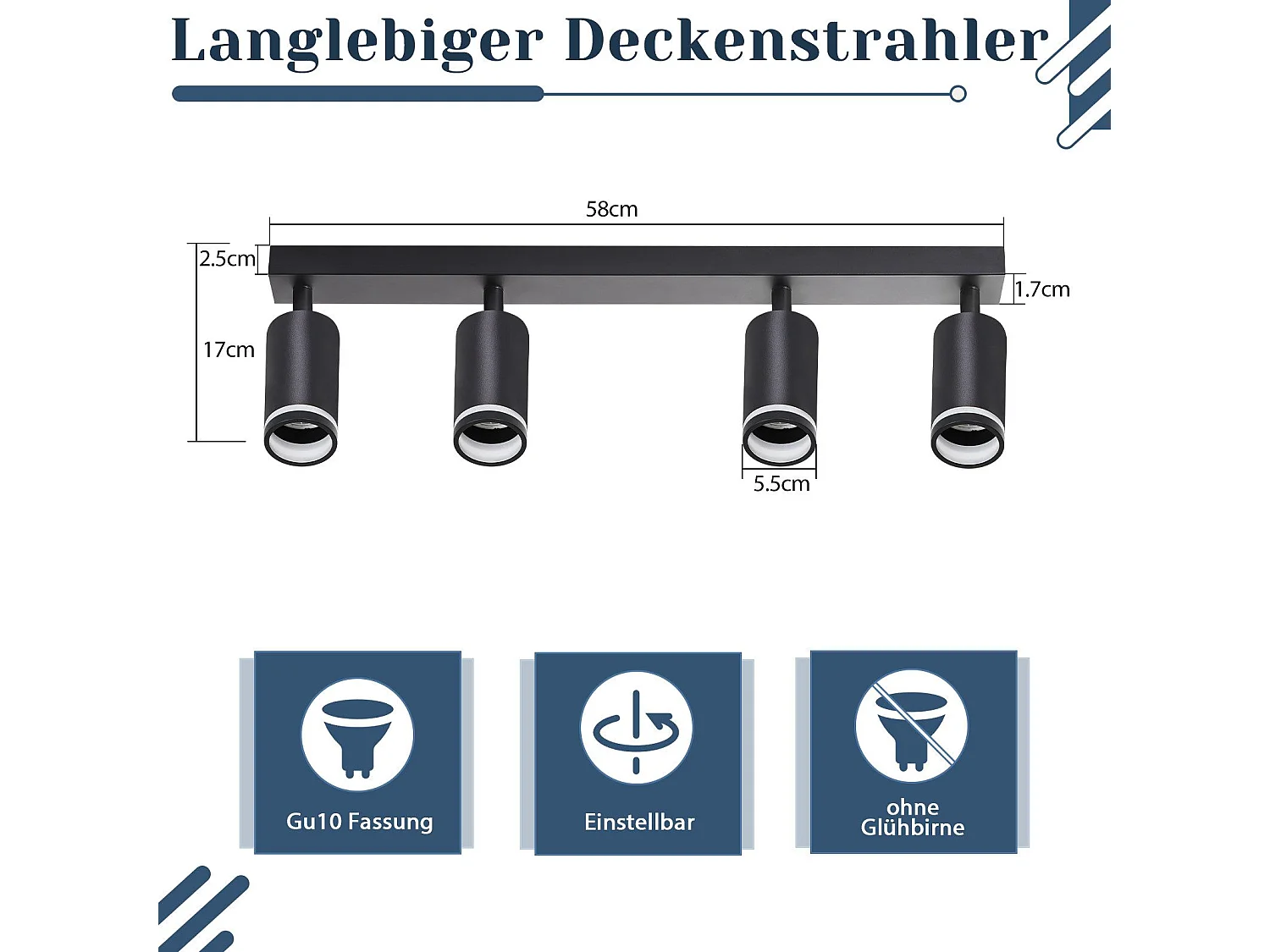 NETTLIFE Opbouwspot GU10 zwart L 58cm rechthoekig Moderne Plafondlamp 355° draaibaar Plafondspot 4-Lichts cilinder Lampkap voor Slaafkamer Kantoor Woonkamer Max.25W