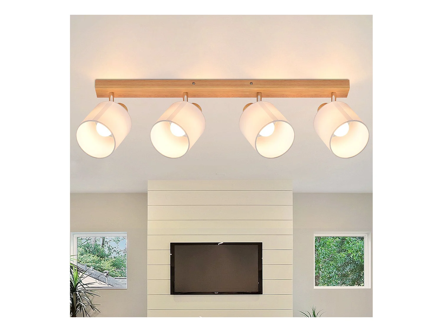 NETTLIFE 4er Modern Holz Wohnzimmer Deckenstrahler E14 350° Schwenkbar MAX.25W Stoffschirm Lampe für Schlafzimmer Küche Flur (Ohne Leuchtmittel)