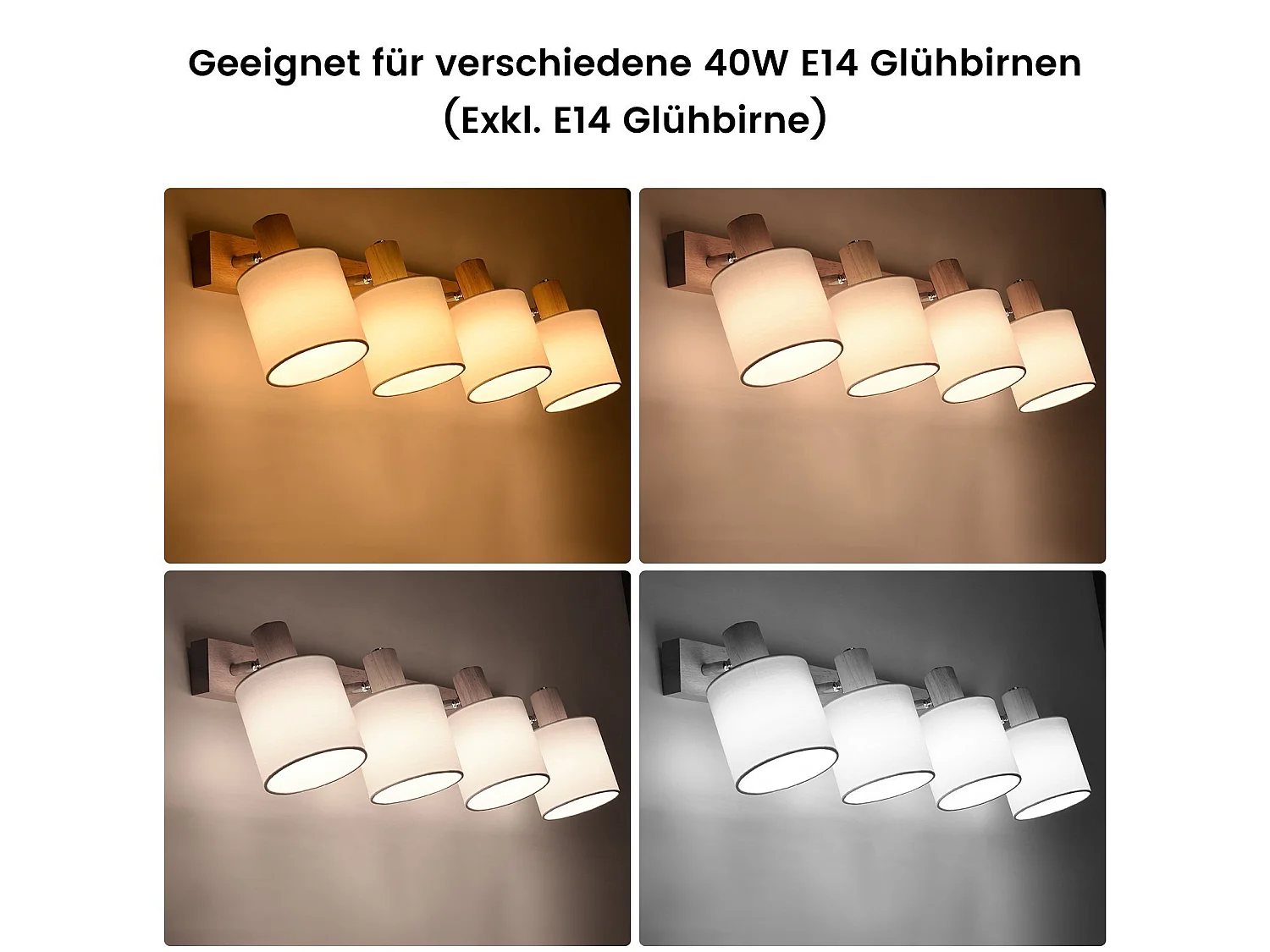 NETTLIFE 4er Modern Holz Wohnzimmer Deckenstrahler E14 350° Schwenkbar MAX.25W Stoffschirm Lampe für Schlafzimmer Küche Flur (Ohne Leuchtmittel)