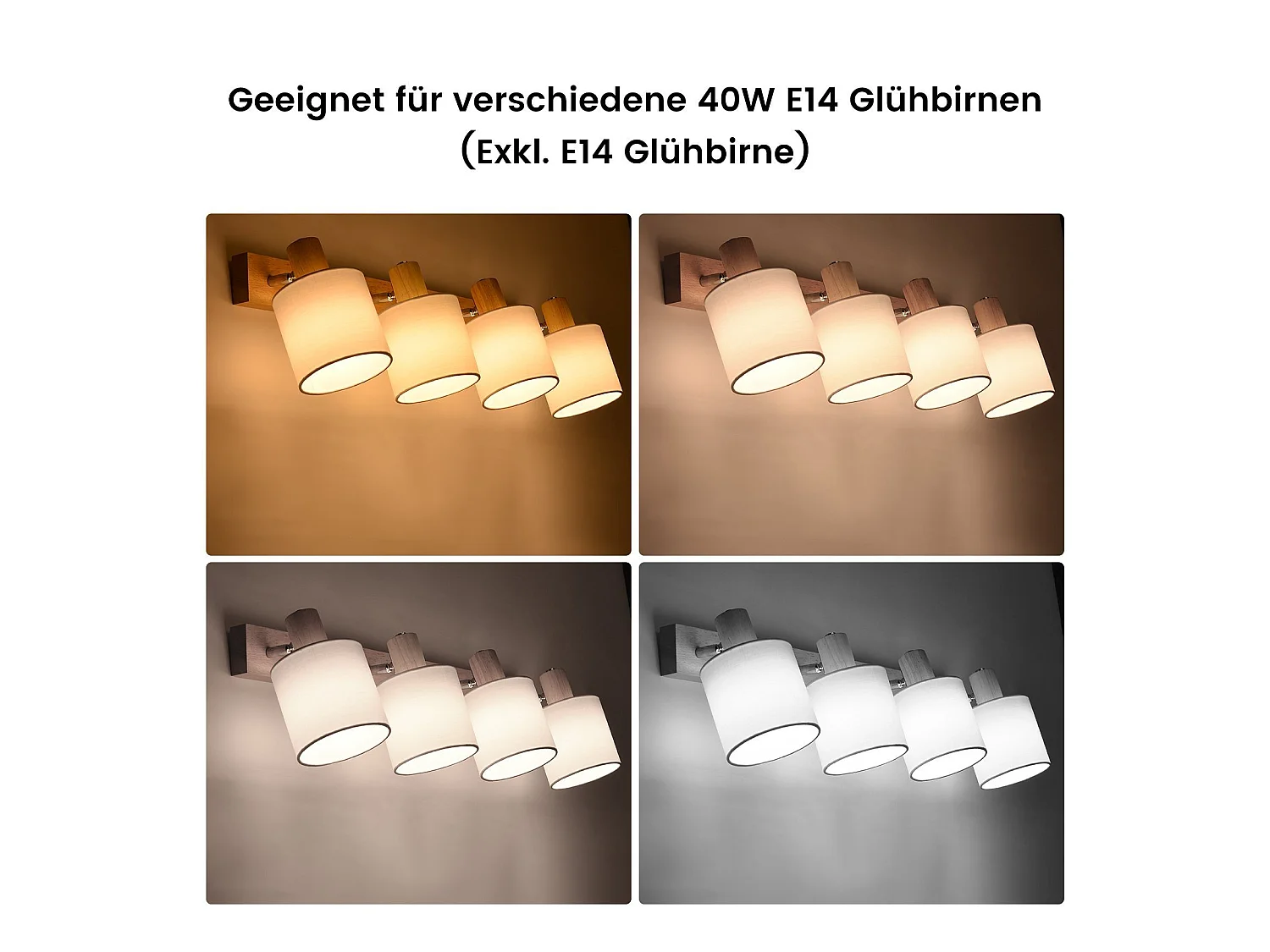 NETTLIFE 4 Spots de plafond salon bois moderne E14 pivotants à 350°MAX.25W lampe écran en tissu pour chambre cuisine couloir (sans ampoule)