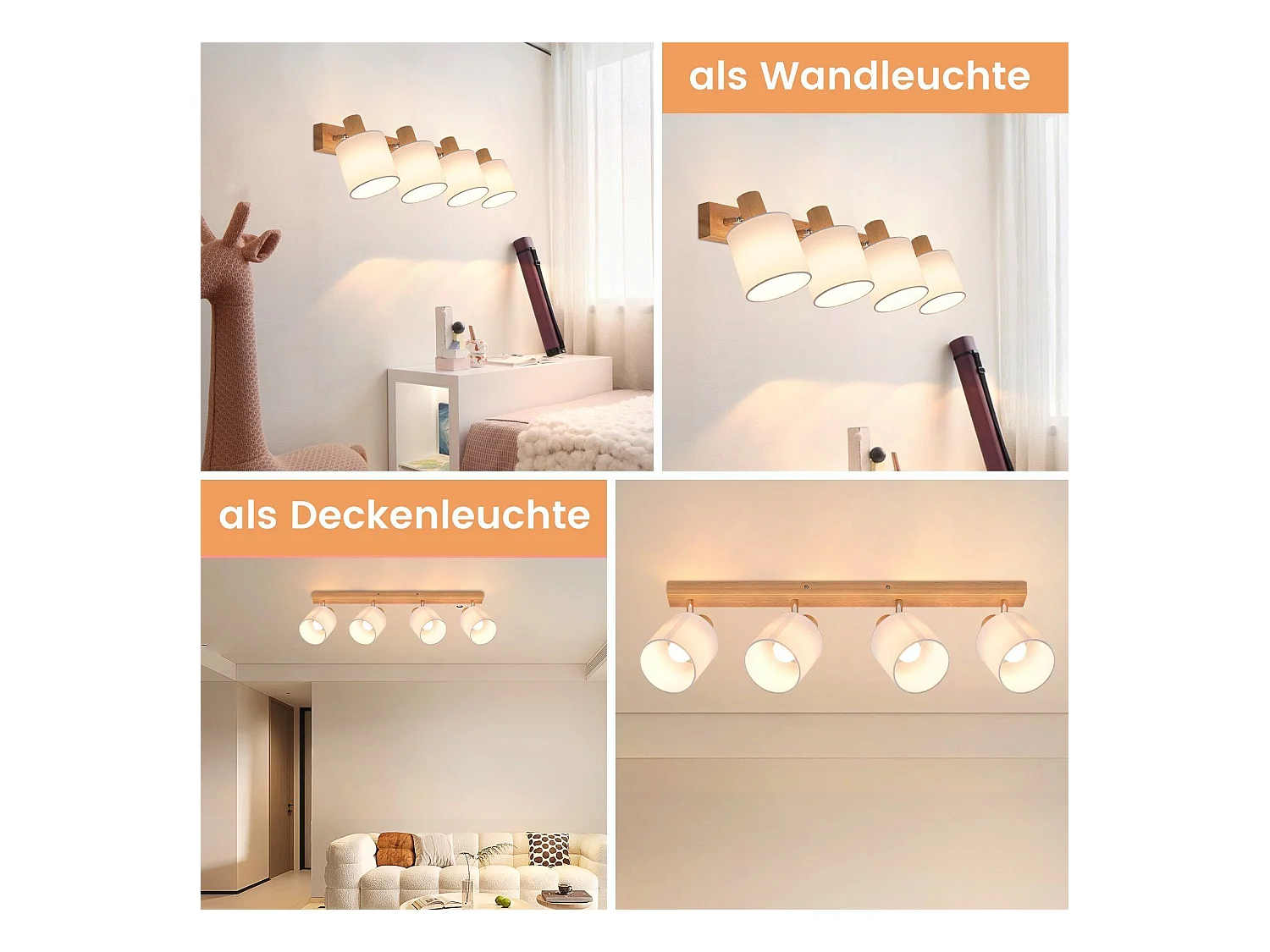 NETTLIFE 4 Spots de plafond salon bois moderne E14 pivotants à 350°MAX.25W lampe écran en tissu pour chambre cuisine couloir (sans ampoule)