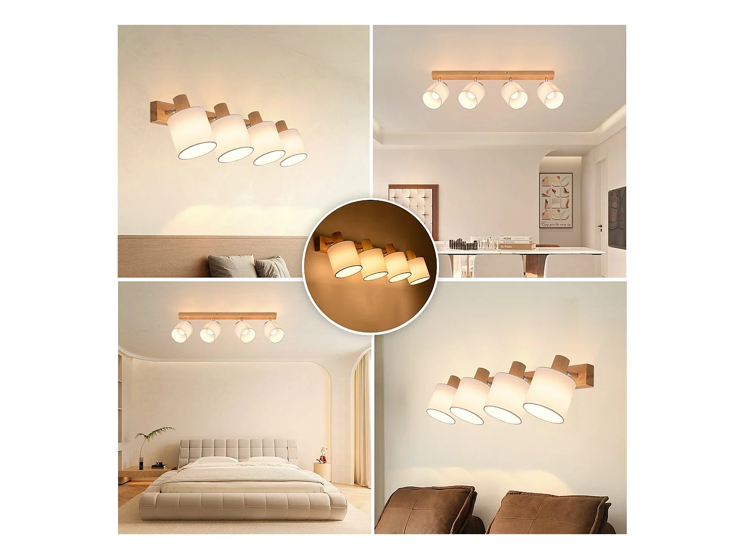 NETTLIFE 4 Spots de plafond salon bois moderne E14 pivotants à 350°MAX.25W lampe écran en tissu pour chambre cuisine couloir (sans ampoule)