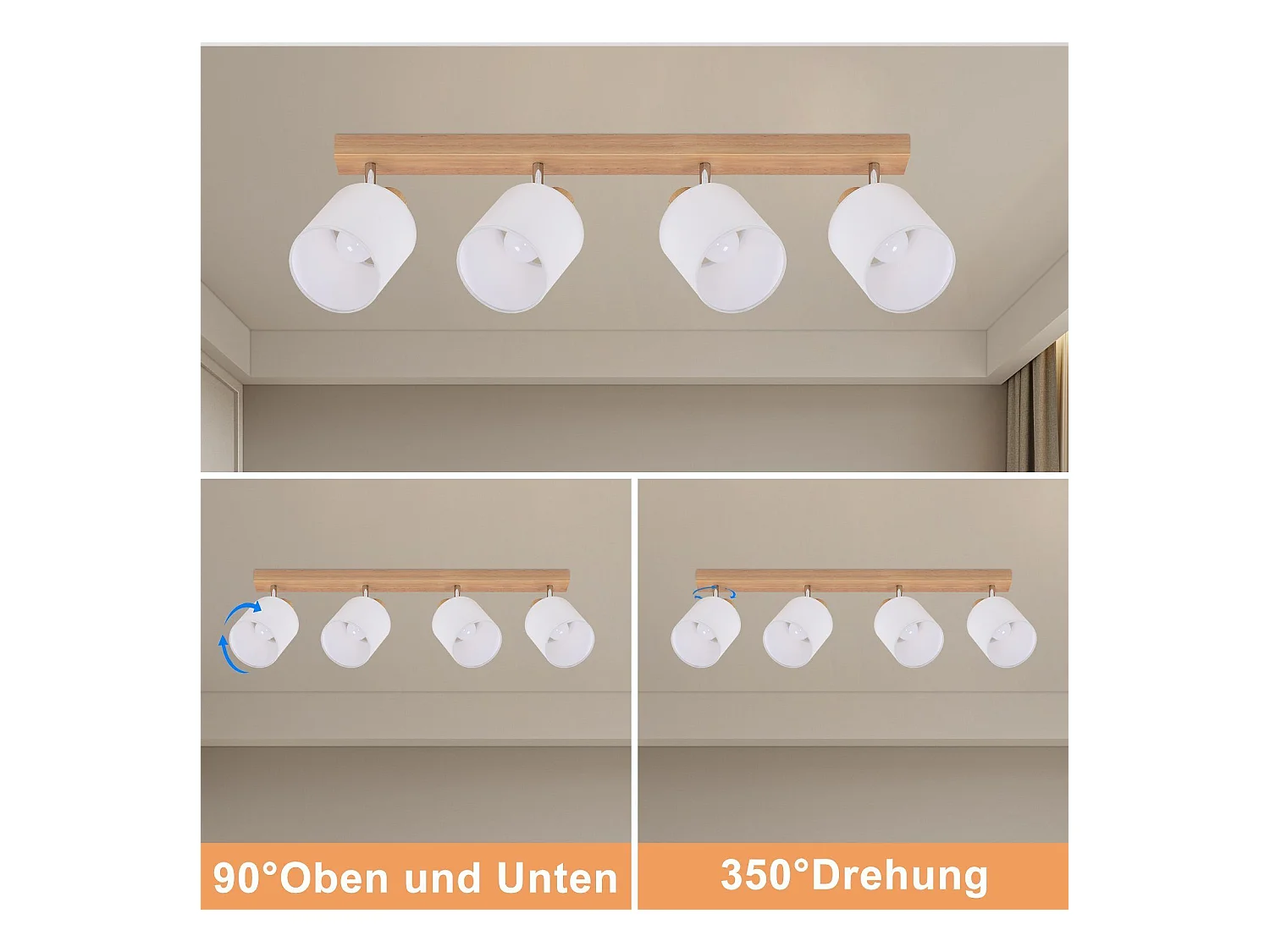 NETTLIFE 4 Spots de plafond salon bois moderne E14 pivotants à 350°MAX.25W lampe écran en tissu pour chambre cuisine couloir (sans ampoule)