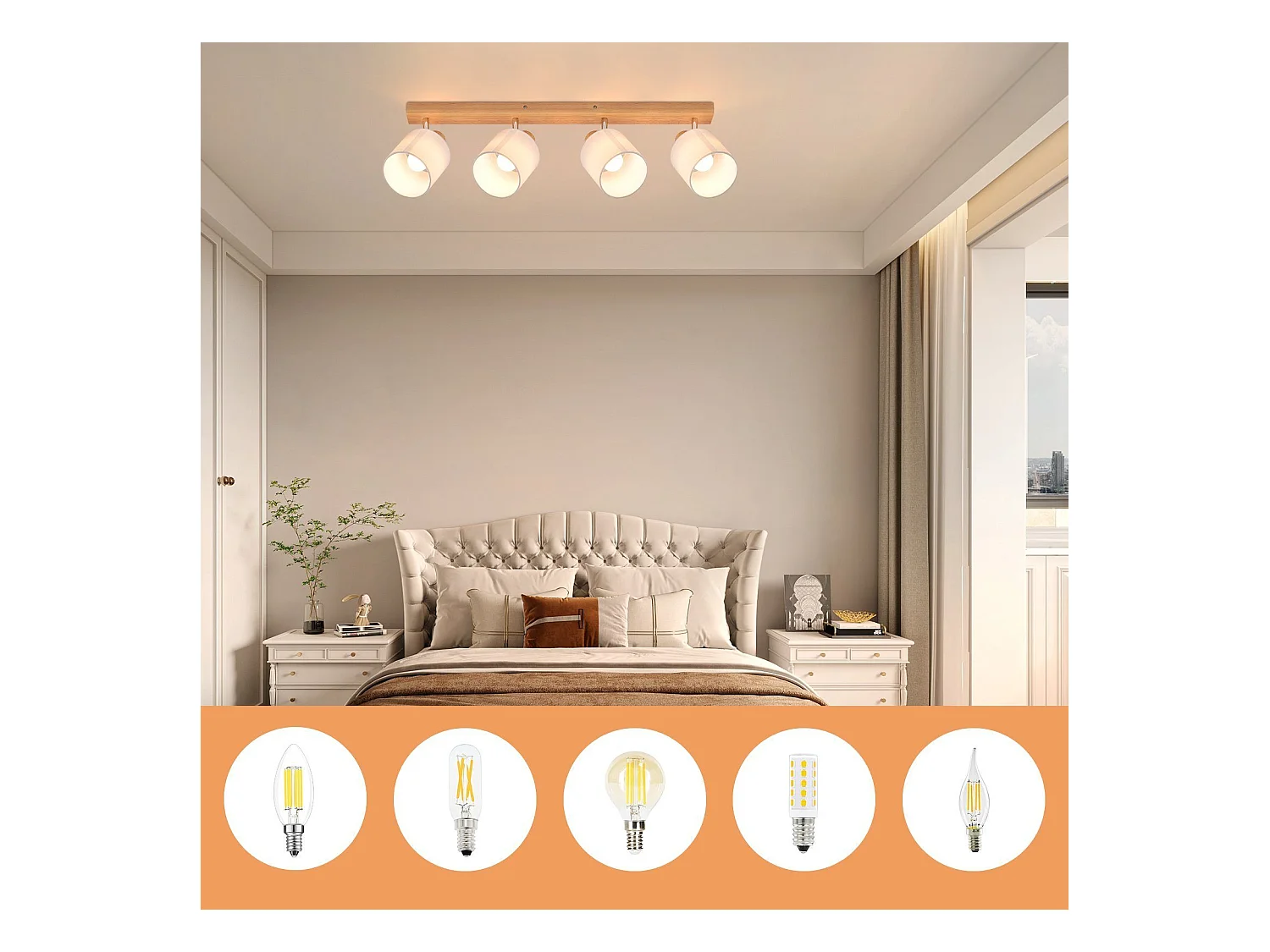 NETTLIFE 4 Spots de plafond salon bois moderne E14 pivotants à 350°MAX.25W lampe écran en tissu pour chambre cuisine couloir (sans ampoule)