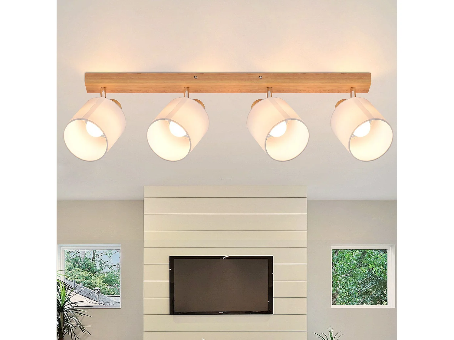 NETTLIFE 4 Spots de plafond salon bois moderne E14 pivotants à 350°MAX.25W lampe écran en tissu pour chambre cuisine couloir (sans ampoule)