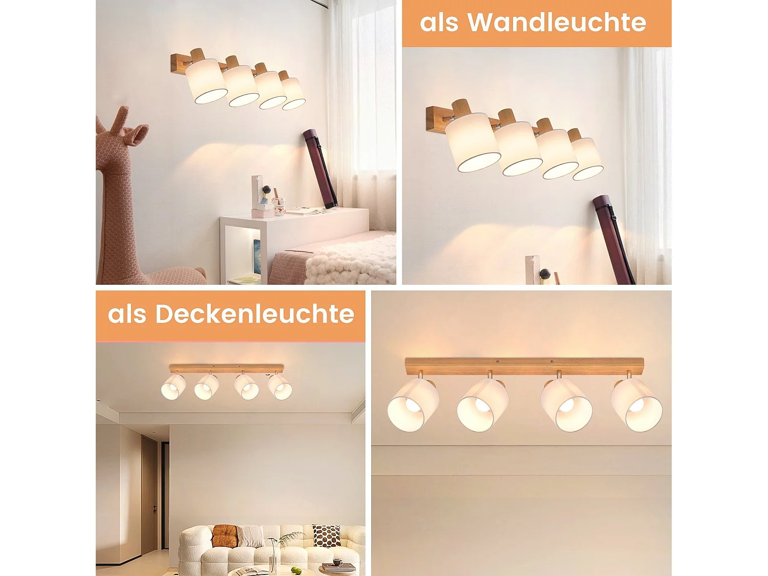 NETTLIFE 4 Spots de plafond salon bois moderne E14 pivotants à 350°MAX.25W lampe écran en tissu pour chambre cuisine couloir (sans ampoule)