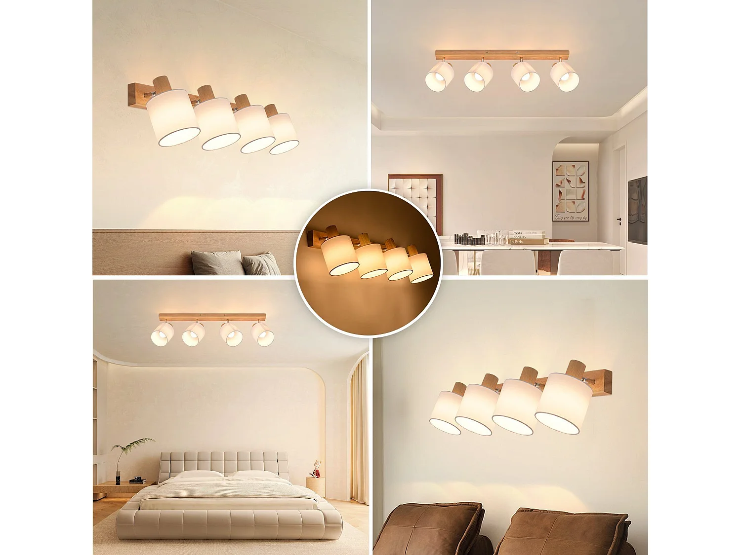 NETTLIFE 4 Spots de plafond salon bois moderne E14 pivotants à 350°MAX.25W lampe écran en tissu pour chambre cuisine couloir (sans ampoule)