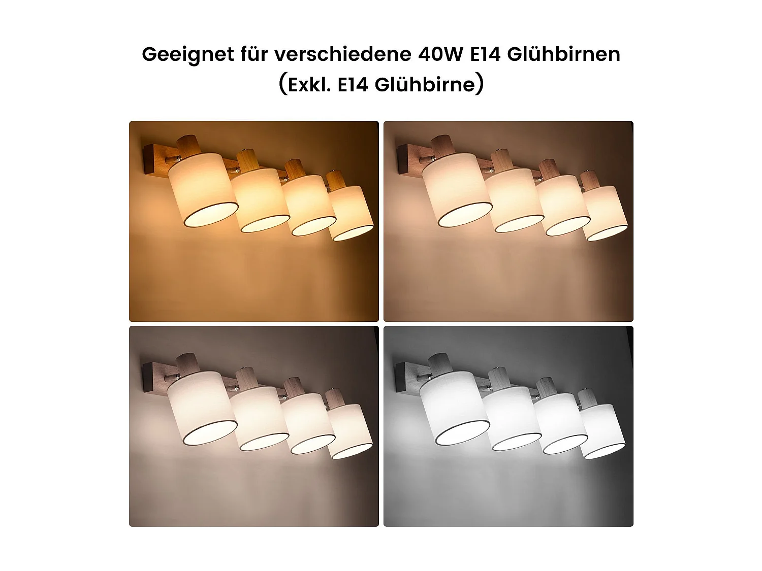 NETTLIFE 4er Modern Holz Wohnzimmer Deckenstrahler E14 350° Schwenkbar MAX.25W Stoffschirm Lampe für Schlafzimmer Küche Flur (Ohne Leuchtmittel)