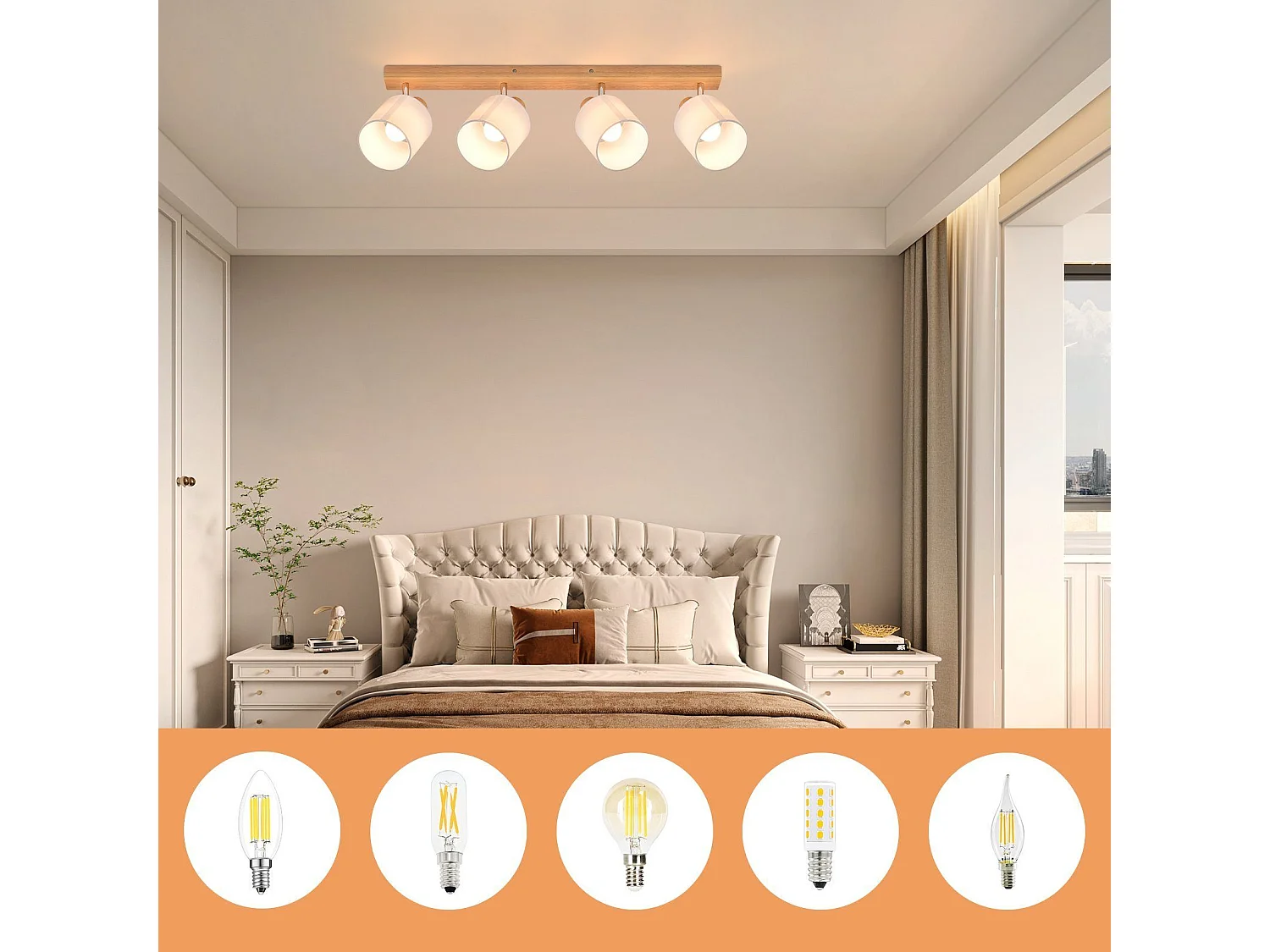 NETTLIFE 4er Modern Holz Wohnzimmer Deckenstrahler E14 350° Schwenkbar MAX.25W Stoffschirm Lampe für Schlafzimmer Küche Flur (Ohne Leuchtmittel)