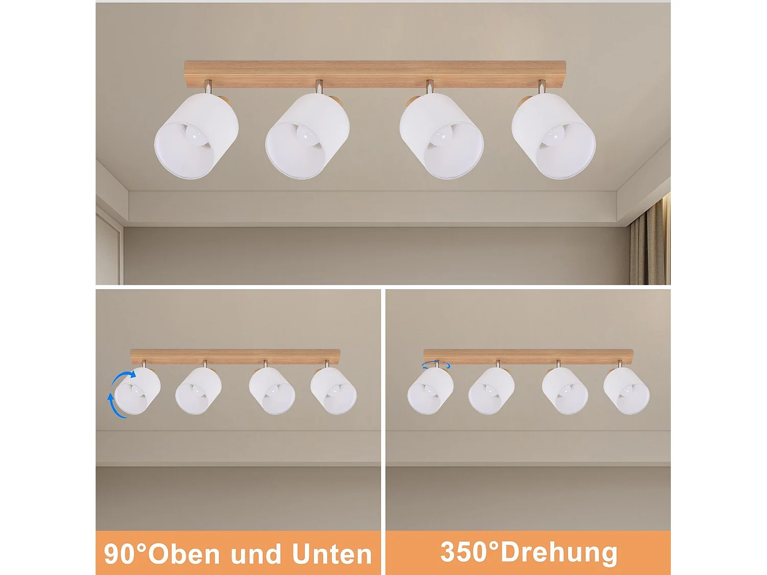 NETTLIFE 4er Modern Holz Wohnzimmer Deckenstrahler E14 350° Schwenkbar MAX.25W Stoffschirm Lampe für Schlafzimmer Küche Flur (Ohne Leuchtmittel)
