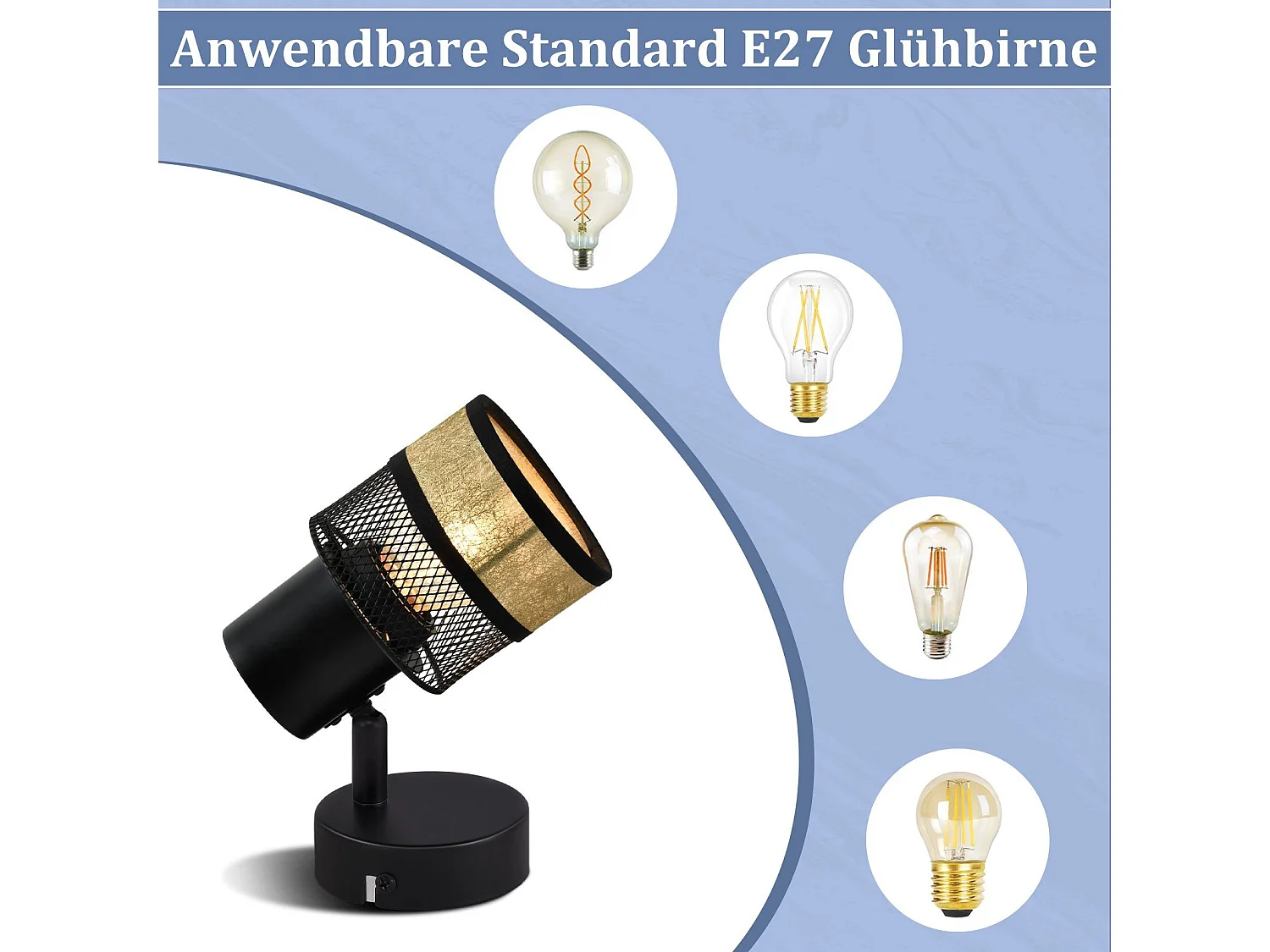 NETTLIFE Reflektor sufitowy 1 żarówka Czarny Vintage Metal Korytarz ze złotym abażurem z tkaniny E27 40W Regulowany 330° do salonu Sypialnia Kuchnia