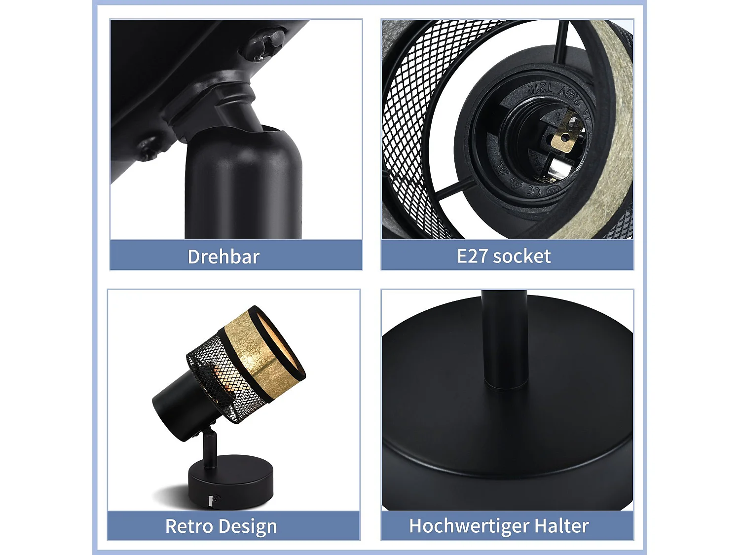 NETTLIFE Reflektor sufitowy 1 żarówka Czarny Vintage Metal Korytarz ze złotym abażurem z tkaniny E27 40W Regulowany 330° do salonu Sypialnia Kuchnia