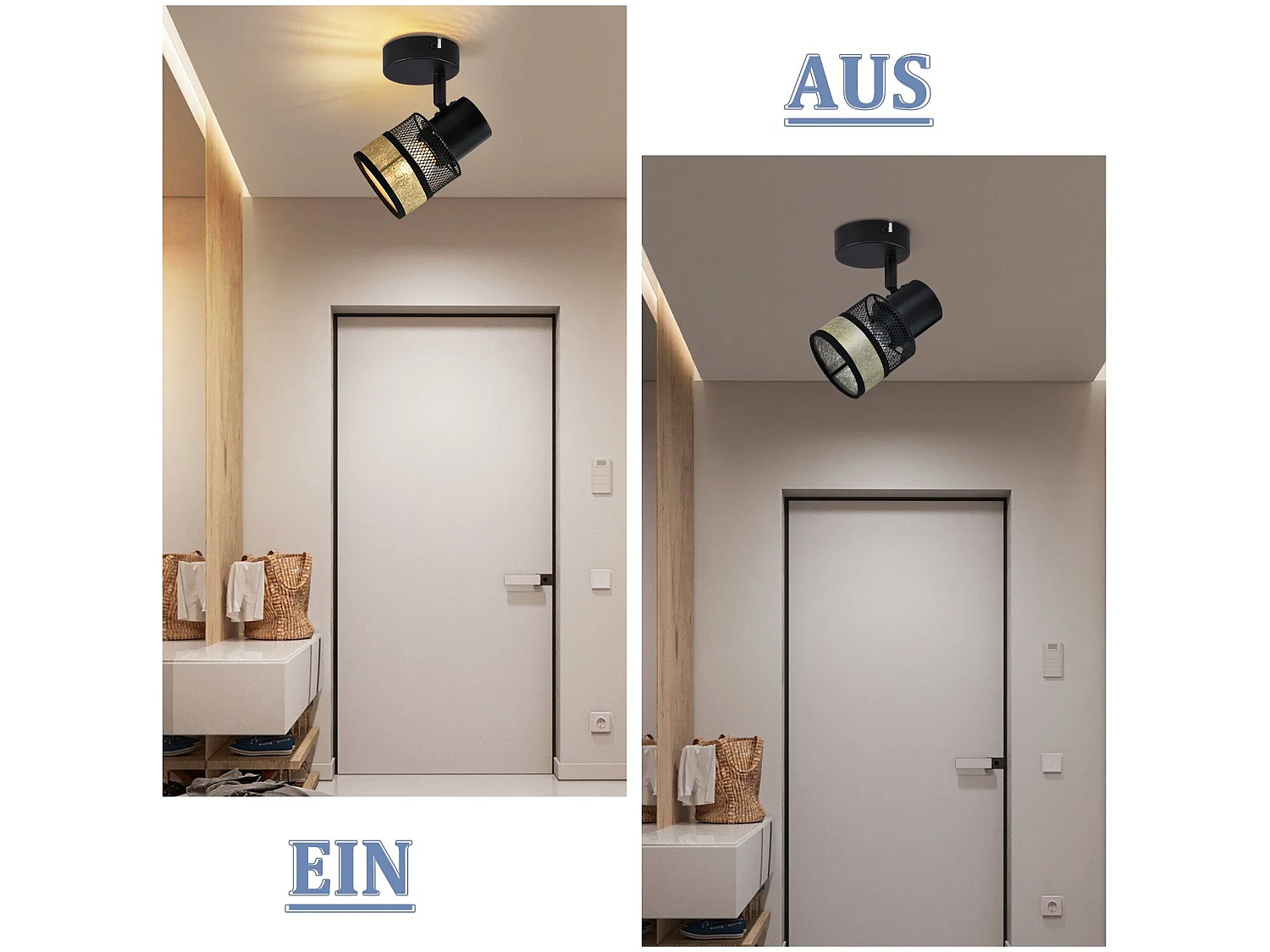 NETTLIFE Reflektor sufitowy 1 żarówka Czarny Vintage Metal Korytarz ze złotym abażurem z tkaniny E27 40W Regulowany 330° do salonu Sypialnia Kuchnia