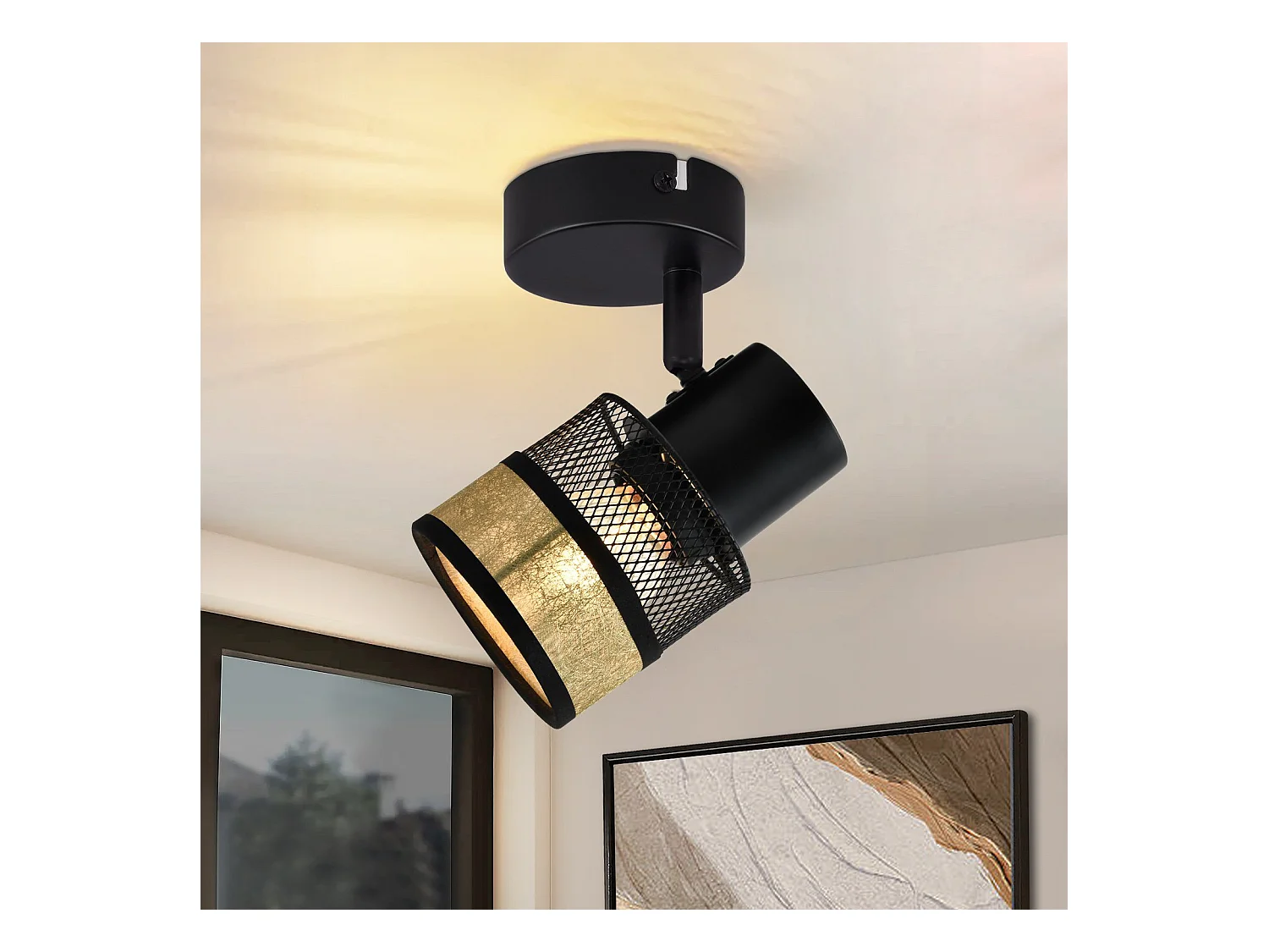 NETTLIFE Spot de Plafond 1 Ampoule Noir Couloir Métal Vintage avec Abat-jour Tissu Doré E27 40W Orientable 330° pour Salon Chambre Cuisine