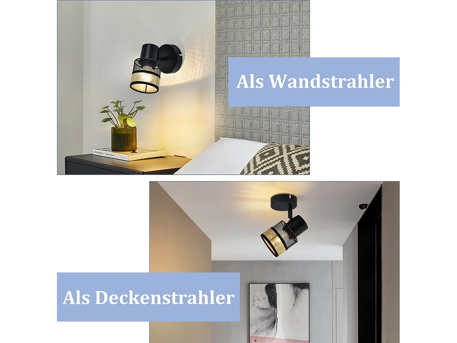 NETTLIFE Spot de Plafond 1 Ampoule Noir Couloir Métal Vintage avec Abat-jour Tissu Doré E27 40W Orientable 330° pour Salon Chambre Cuisine