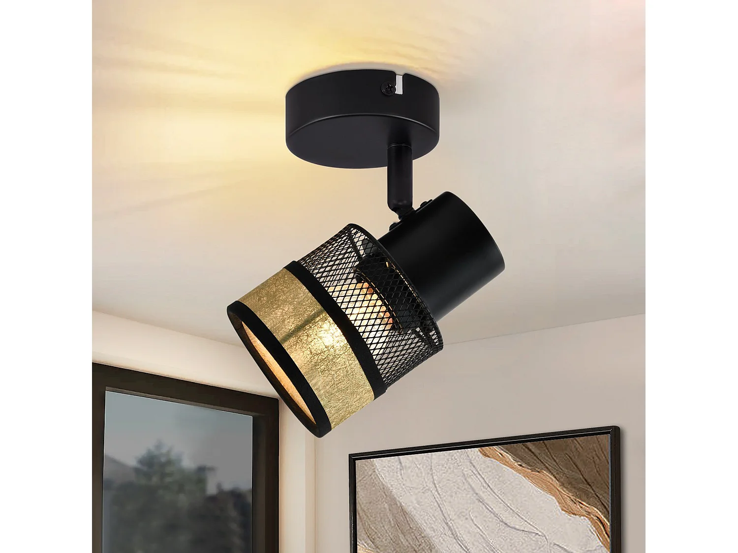 NETTLIFE Deckenstrahler 1-flammig schwarz Flur Metall Vintage mit goldenem Stoffschirm E27 40W schwenkbar 330° für Wohnzimmer Schlafzimmer Küche