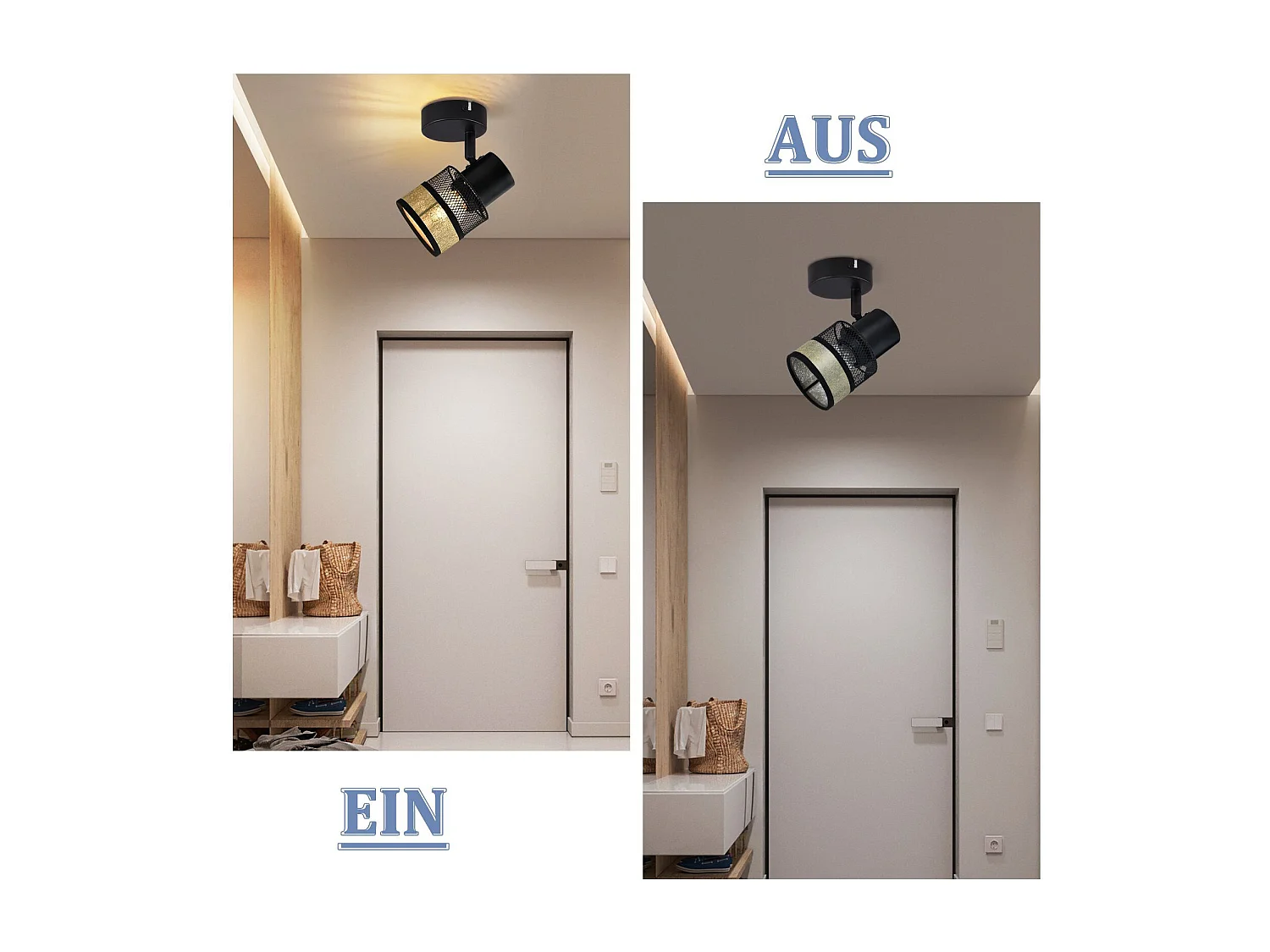 NETTLIFE Deckenstrahler 1-flammig schwarz Flur Metall Vintage mit goldenem Stoffschirm E27 40W schwenkbar 330° für Wohnzimmer Schlafzimmer Küche