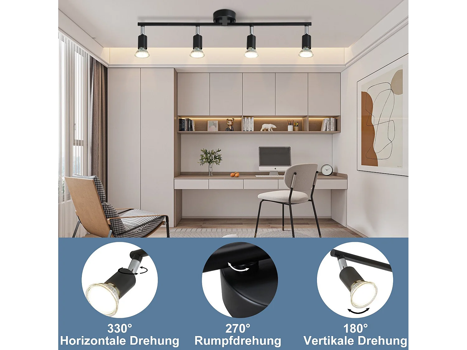NETTLIFE 4 Spots LED Deckenleuchte Schwarz GU10 Moderne Industrielampe Drehbar 330° für Flur Küche Schlafzimmer Wohnzimmer Kinder