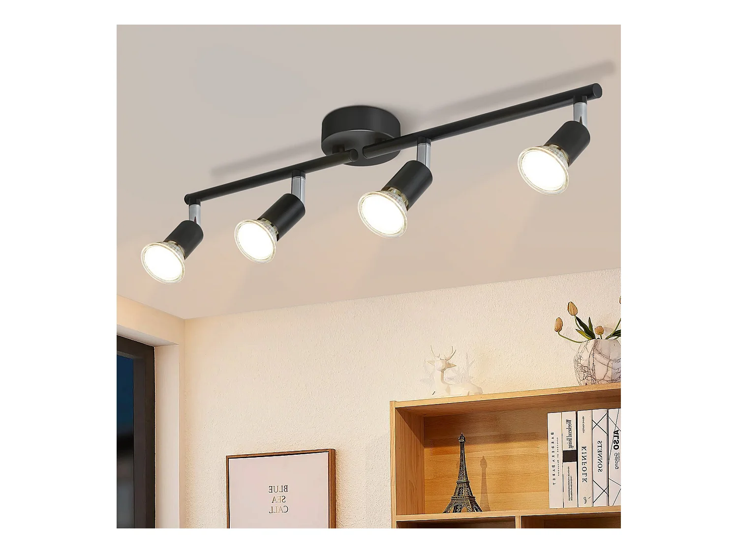 NETTLIFE 4 Spots Plafonnier LED Noir GU10 Lampe Moderne Industrielle Rotative à 330° pour Couloir Cuisine Chambre Salon Enfant