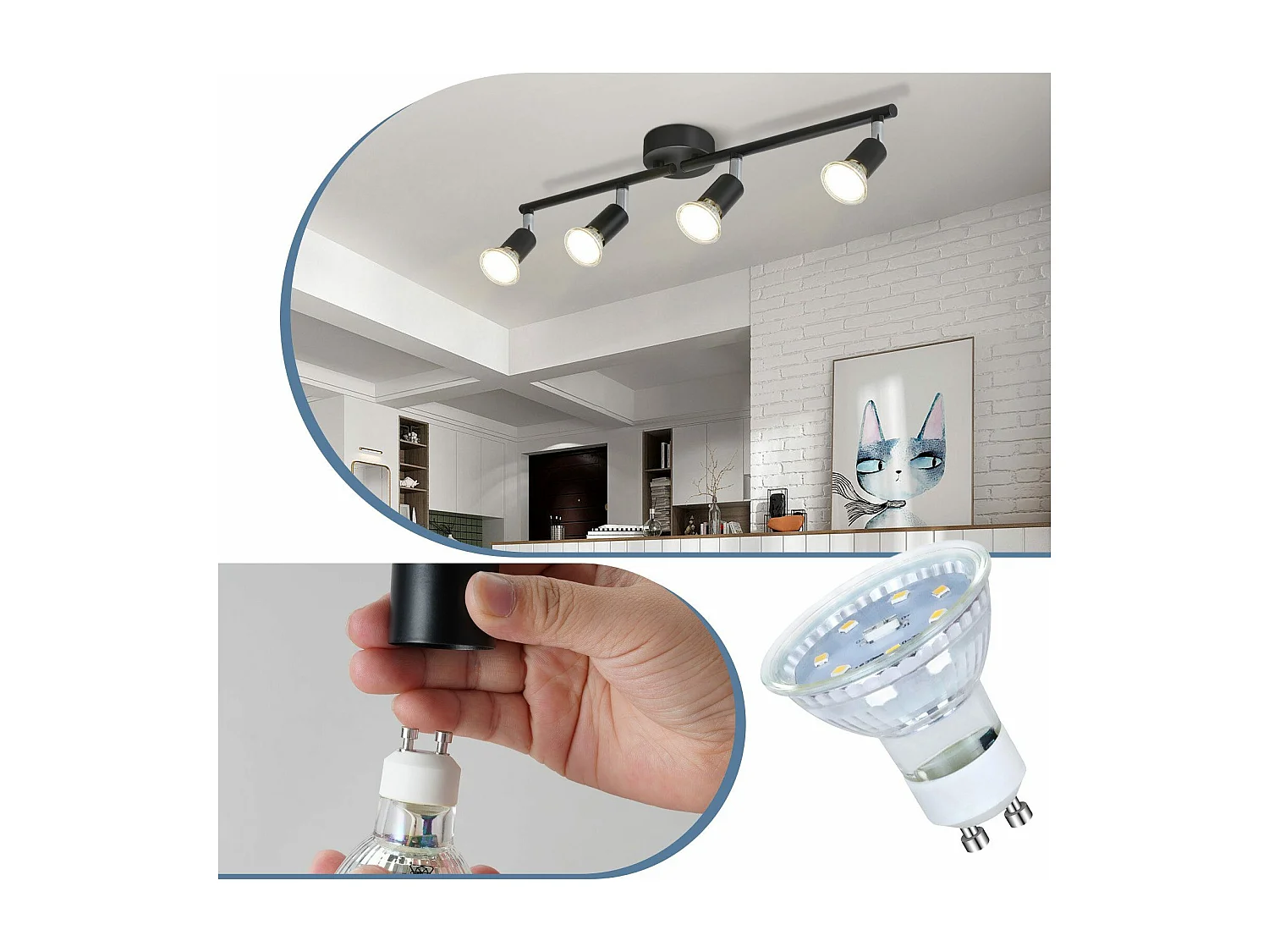 NETTLIFE 4 Spots Plafonnier LED Noir GU10 Lampe Moderne Industrielle Rotative à 330° pour Couloir Cuisine Chambre Salon Enfant