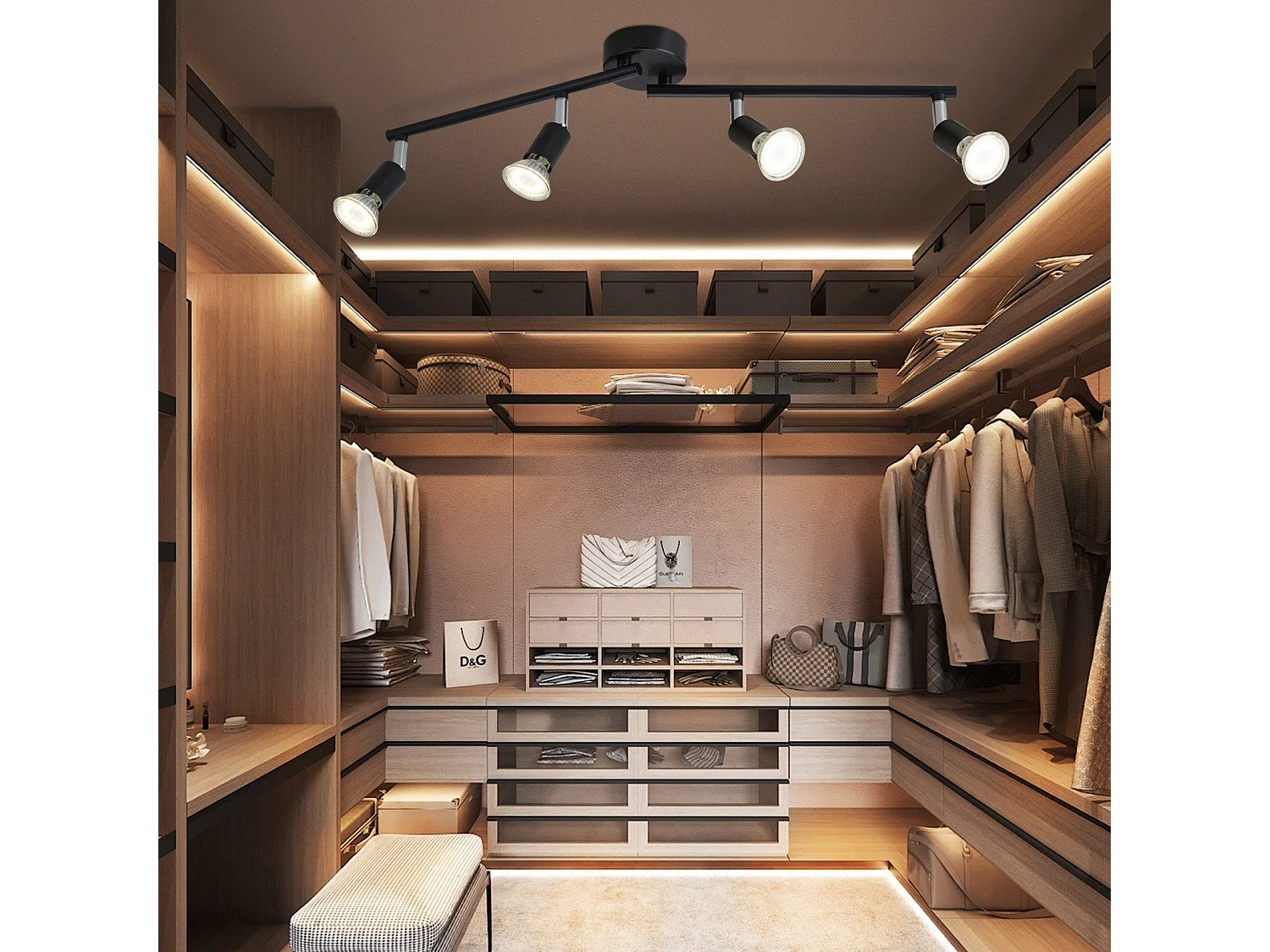 NETTLIFE 4 Spots Plafonnier LED Noir GU10 Lampe Moderne Industrielle Rotative à 330° pour Couloir Cuisine Chambre Salon Enfant