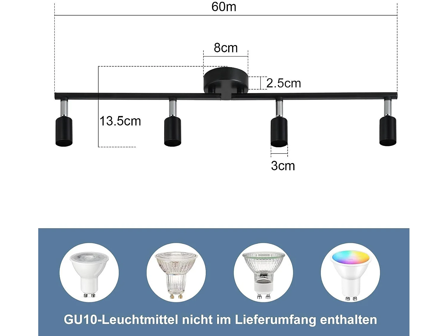 NETTLIFE 4 Spots Plafonnier LED Noir GU10 Lampe Moderne Industrielle Rotative à 330° pour Couloir Cuisine Chambre Salon Enfant