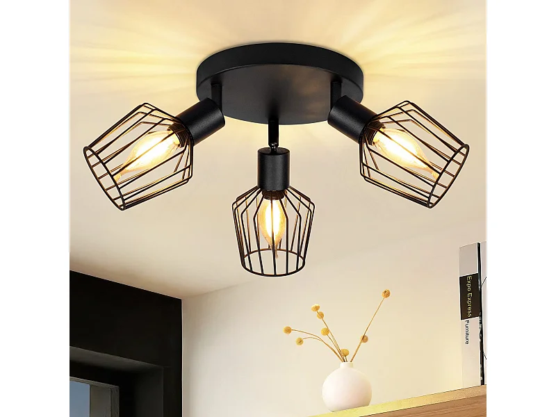 NETTLIFE 3 Reflektory Sufitowe E14 - okrągły metalowy, industrialna lampa do przedpokoju obrotowa 350°, kinkiet do przedpokoju i salonu, czarny