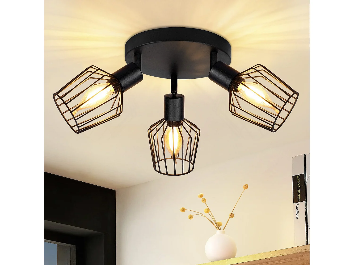 NETTLIFE 3 Reflektory Sufitowe E14 - okrągły metalowy, industrialna lampa do przedpokoju obrotowa 350°, kinkiet do przedpokoju i salonu, czarny