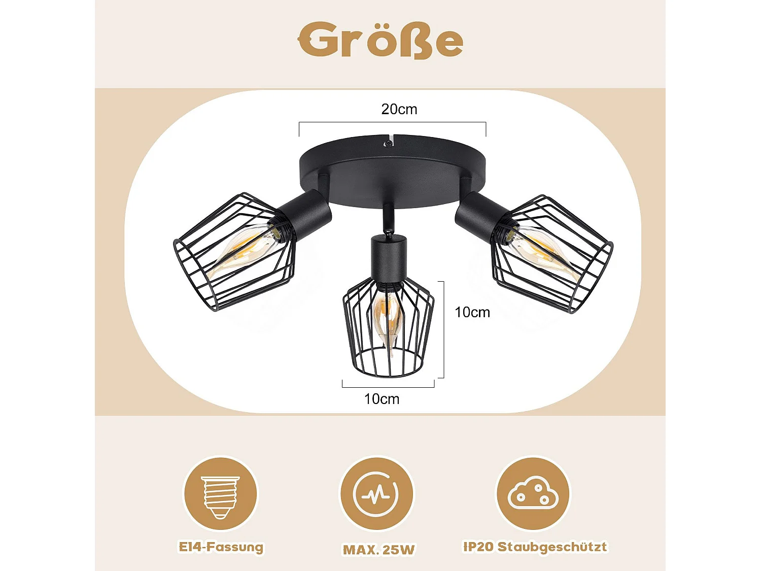 NETTLIFE 3 Reflektory Sufitowe E14 - okrągły metalowy, industrialna lampa do przedpokoju obrotowa 350°, kinkiet do przedpokoju i salonu, czarny