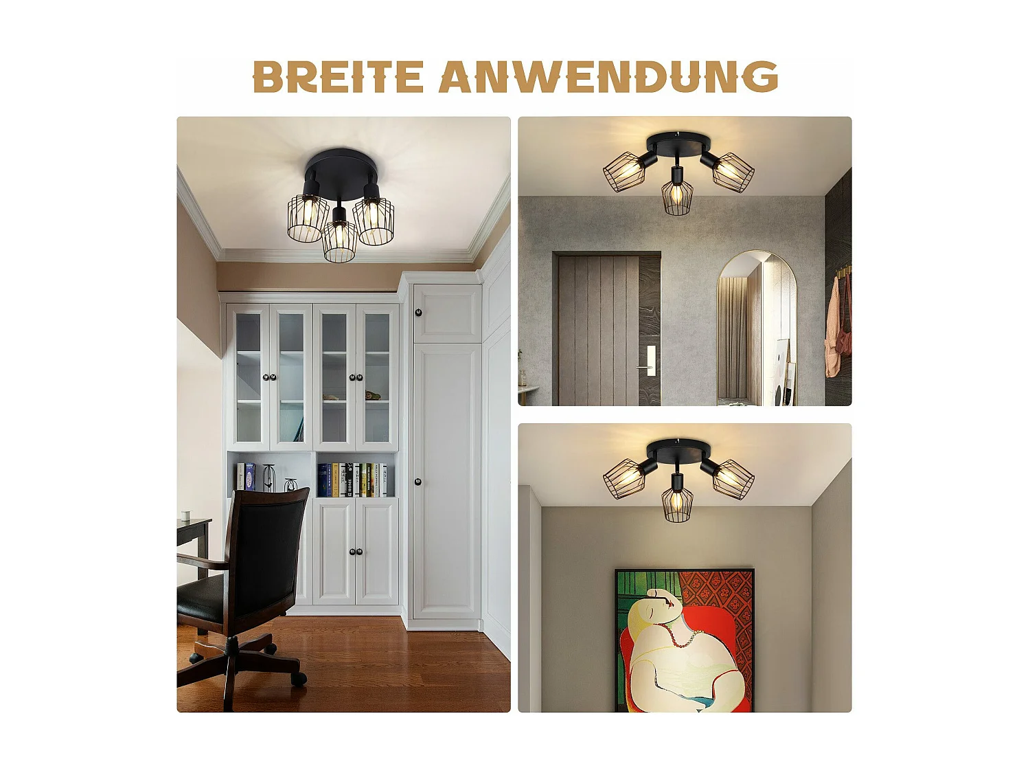 NETTLIFE 3 Reflektory Sufitowe E14 - okrągły metalowy, industrialna lampa do przedpokoju obrotowa 350°, kinkiet do przedpokoju i salonu, czarny