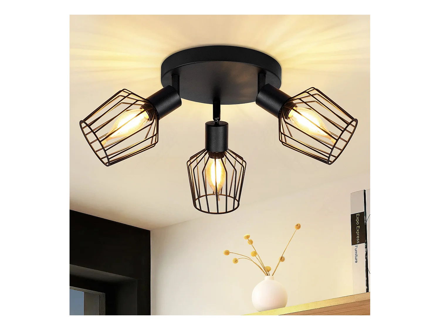 NETTLIFE 3 Spots de Plafond E14 - rond métal, lampe de couloir industrielle pivotante à 350°, applique murale pour couloir et salon，noir