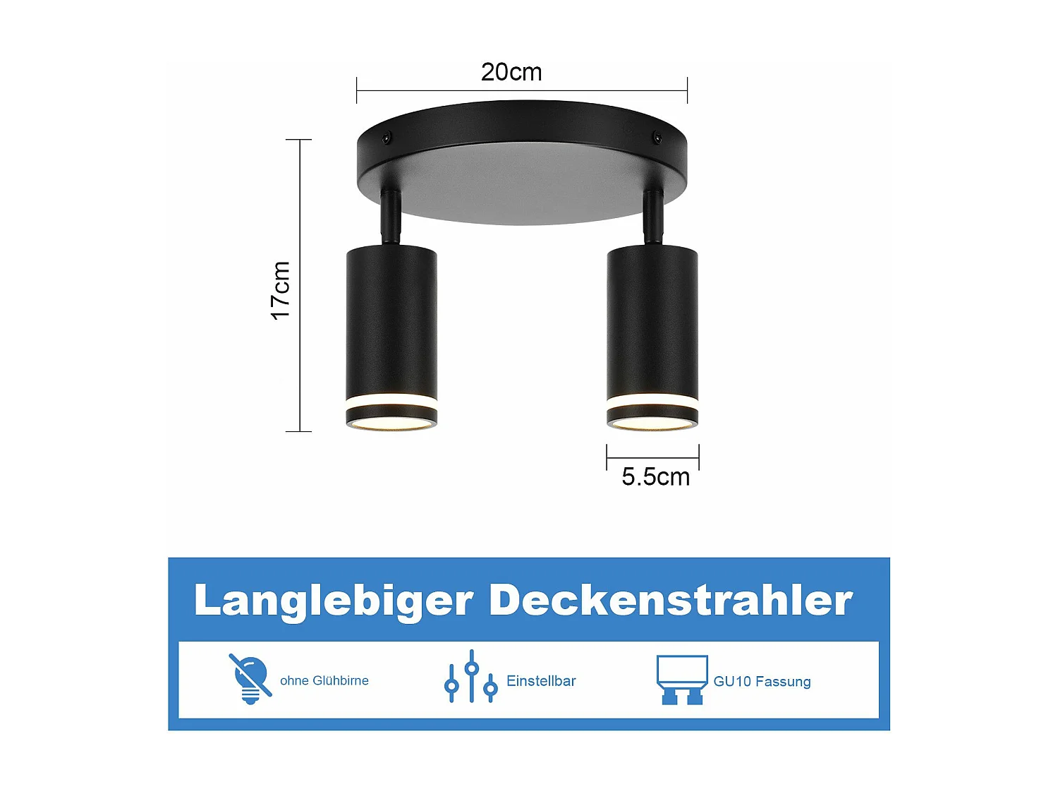 NETTLIFE Opbouwspot GU10 zwart L 20cm Moderne Plafondlamp 355° draaibaar Plafondspot 2-Lichts cilinder Lampkap voor Slaafkamer | Kantoor | Woonkamer Max.25W