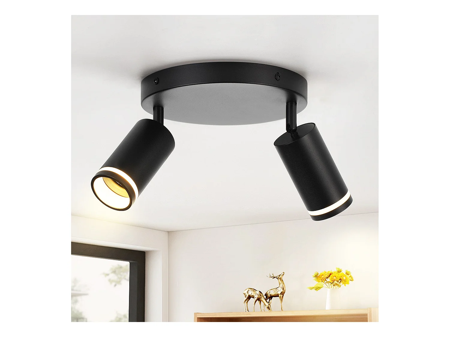 NETTLIFE Plafonnier LED 2 flamme - Noir Plafonnier GU10 Spot pivotant Applique murale en bois Spot mural pour salon chambre Sans ampoule