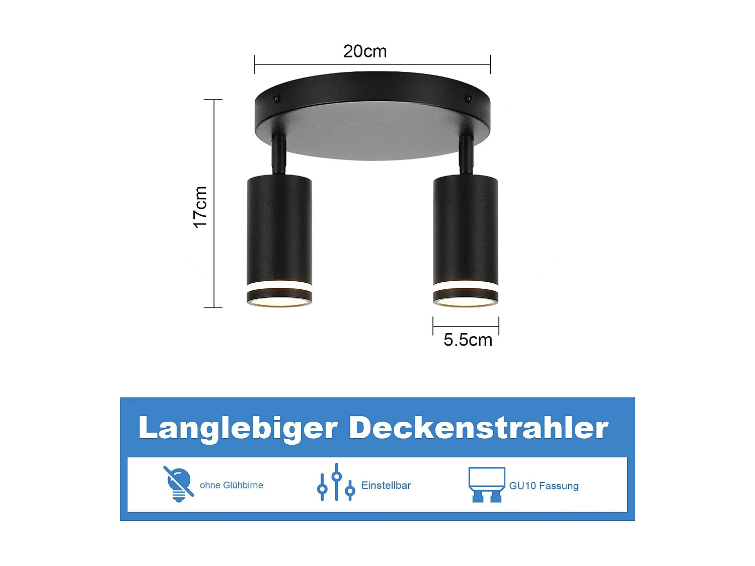 NETTLIFE Plafonnier LED 2 flamme - Noir Plafonnier GU10 Spot pivotant Applique murale en bois Spot mural pour salon chambre Sans ampoule