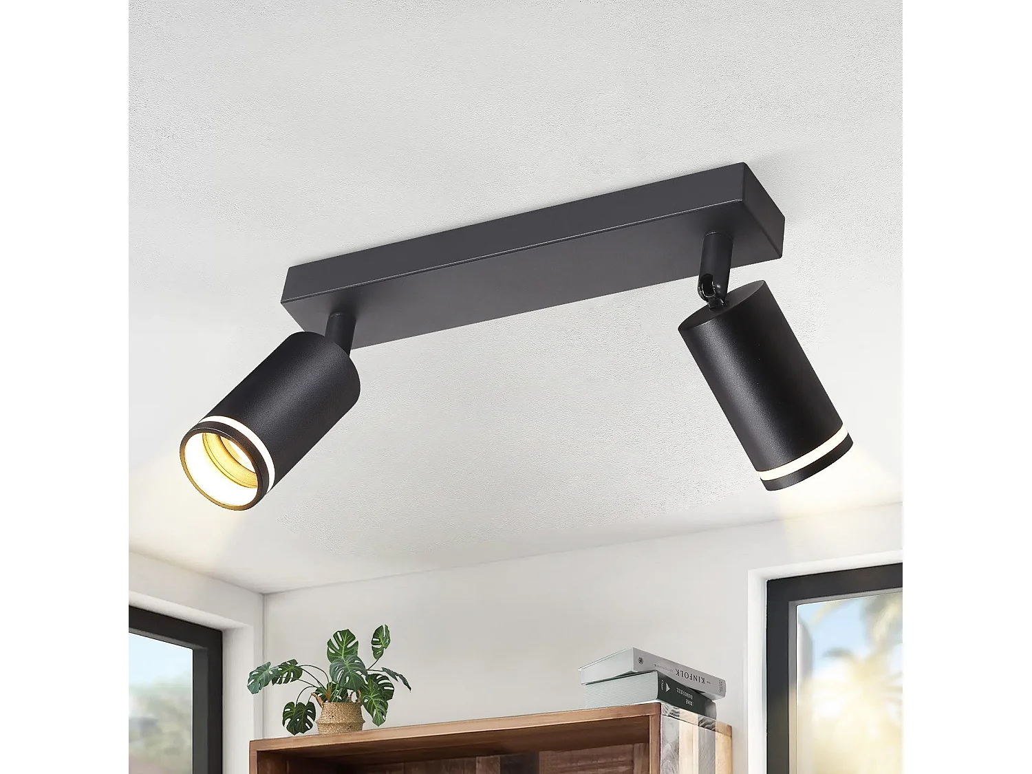 NETTLIFE Opbouwspot GU10 zwart L 28.5cm rechthoekig  Plafondlamp 355° draaibaar Plafondspot 2-Lichts cilinder Lampkap voor Slaafkamer Kantoor Woonkamer Max.25W