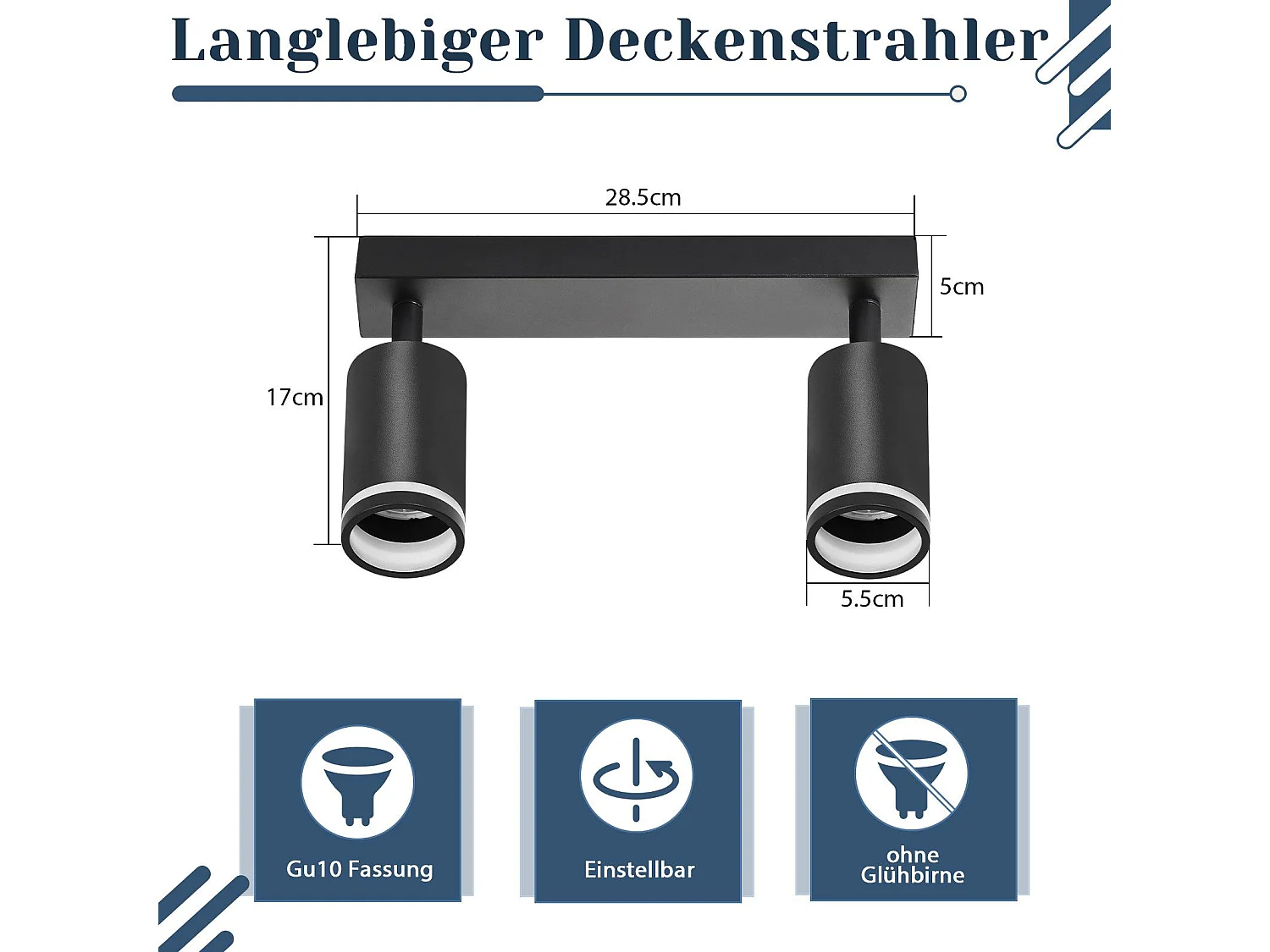 NETTLIFE Opbouwspot GU10 zwart L 28.5cm rechthoekig  Plafondlamp 355° draaibaar Plafondspot 2-Lichts cilinder Lampkap voor Slaafkamer Kantoor Woonkamer Max.25W