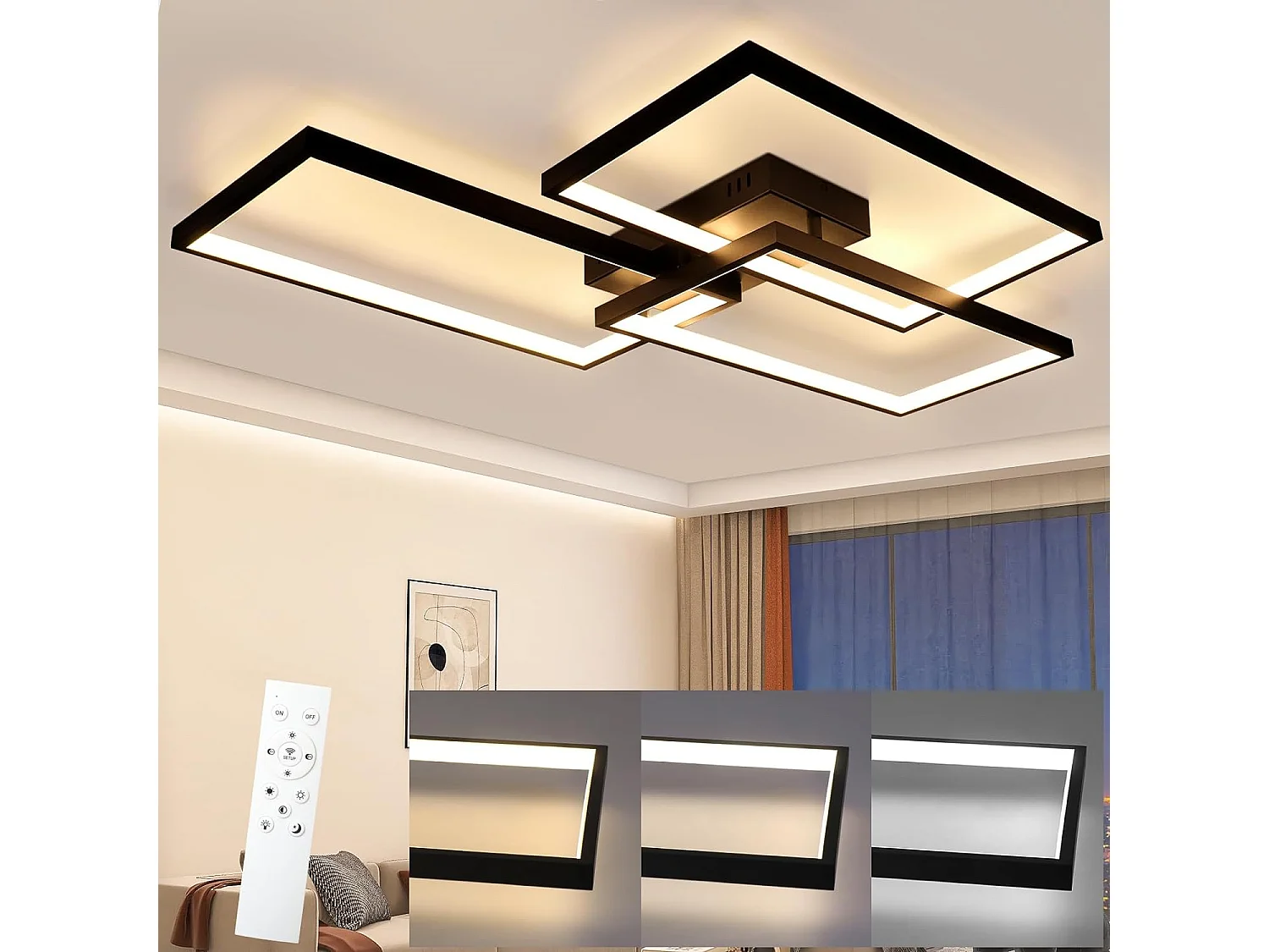 NETTLIFE Plafonnier LED Métal Noir 72W 80CM Salon Lampe de Salon Moderne Dimmable avec Télécommande Design Rectangulaire pour Cuisines
