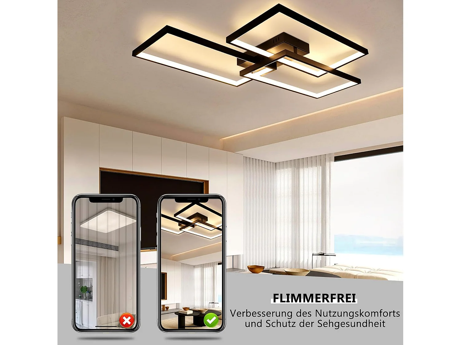 NETTLIFE Plafonnier LED Métal Noir 72W 80CM Salon Lampe de Salon Moderne Dimmable avec Télécommande Design Rectangulaire pour Cuisines