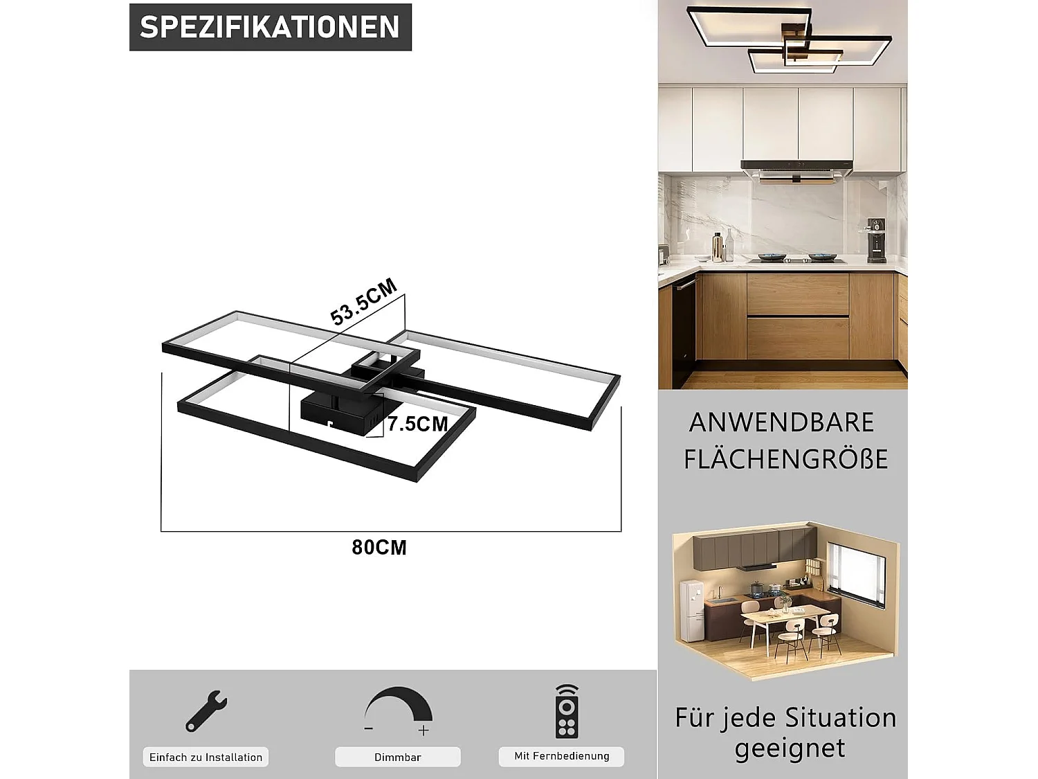 NETTLIFE Plafonnier LED Métal Noir 72W 80CM Salon Lampe de Salon Moderne Dimmable avec Télécommande Design Rectangulaire pour Cuisines
