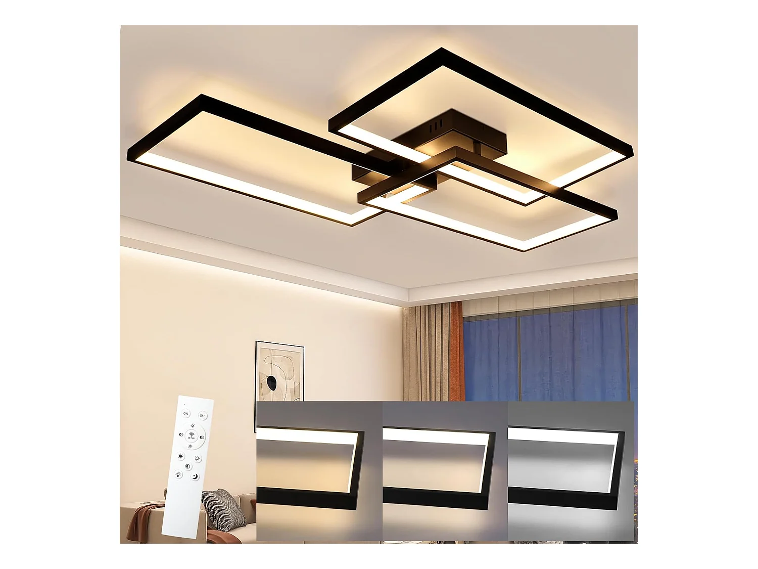 NETTLIFE Plafonnier LED Métal Noir 72W 80CM Salon Lampe de Salon Moderne Dimmable avec Télécommande Design Rectangulaire pour Cuisines