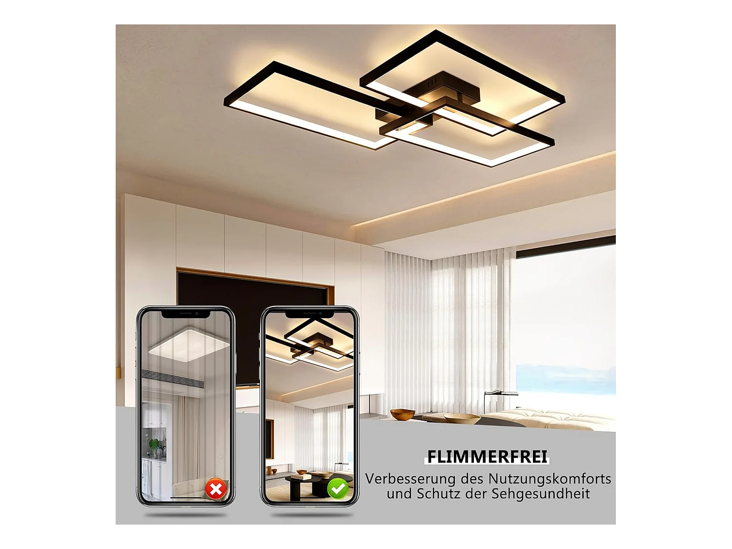 NETTLIFE Plafonnier LED Métal Noir 72W 80CM Salon Lampe de Salon Moderne Dimmable avec Télécommande Design Rectangulaire pour Cuisines