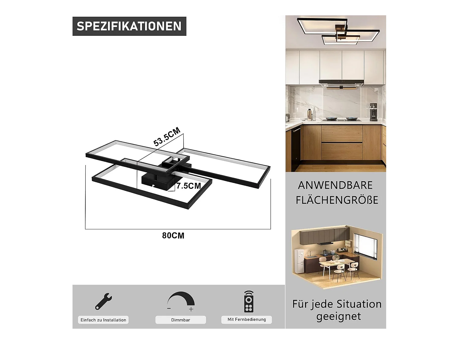 NETTLIFE Plafonnier LED Métal Noir 72W 80CM Salon Lampe de Salon Moderne Dimmable avec Télécommande Design Rectangulaire pour Cuisines