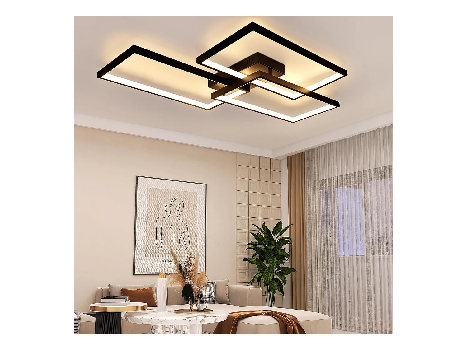 NETTLIFE Plafonnier LED Métal Noir 72W 80CM Salon Lampe de Salon Moderne Dimmable avec Télécommande Design Rectangulaire pour Cuisines