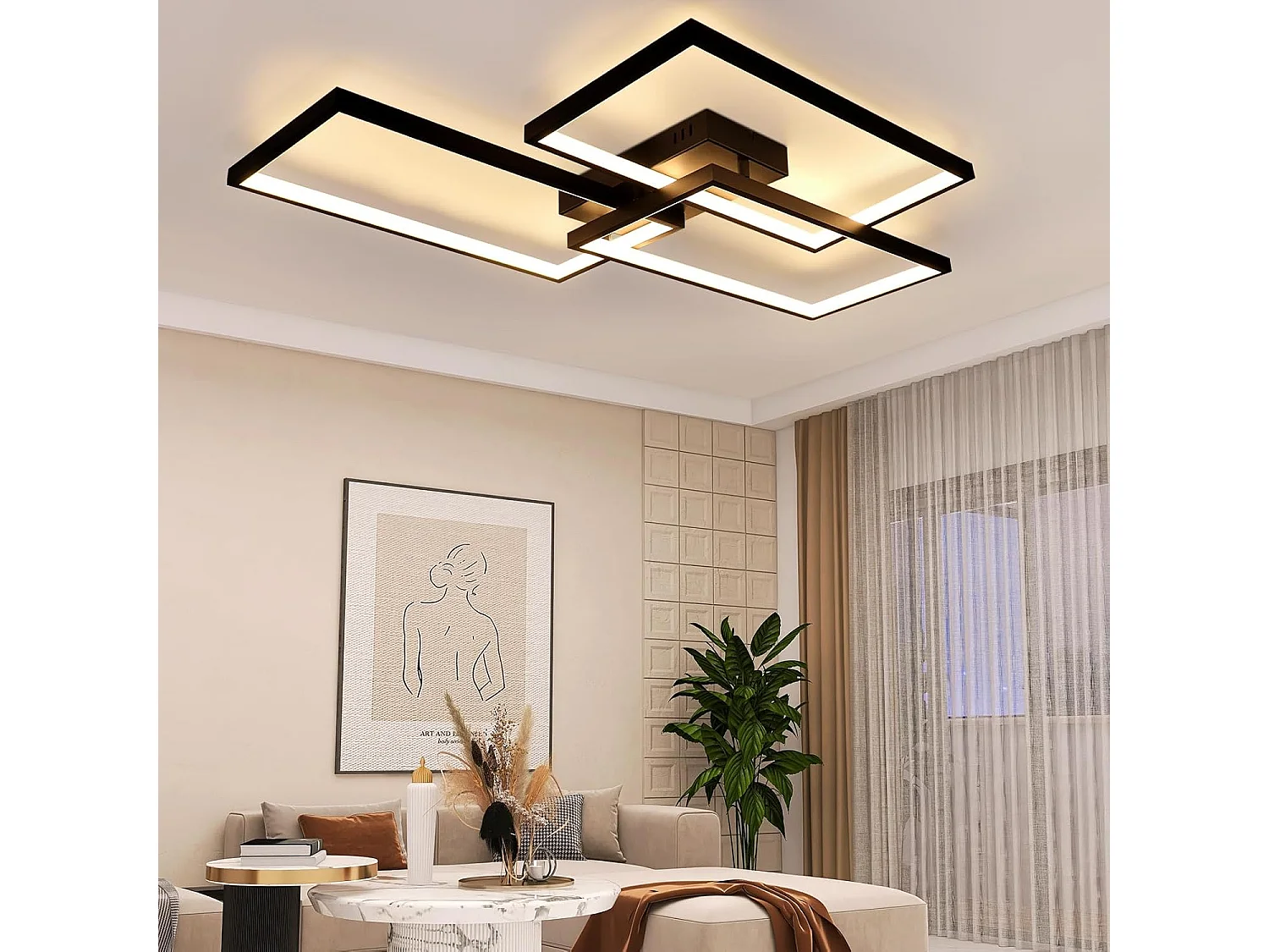 NETTLIFE Plafonnier LED Métal Noir 72W 80CM Salon Lampe de Salon Moderne Dimmable avec Télécommande Design Rectangulaire pour Cuisines