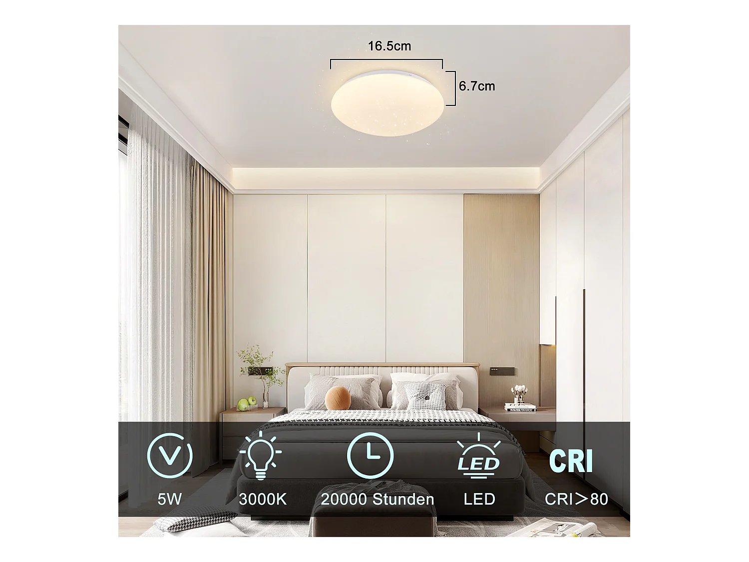 NETTLIFE Plafonnier LED Chambre - Cuisine 5W 3000K Ø 16,5 cm, Blanc Chaud, Couloir, Chambre Enfant