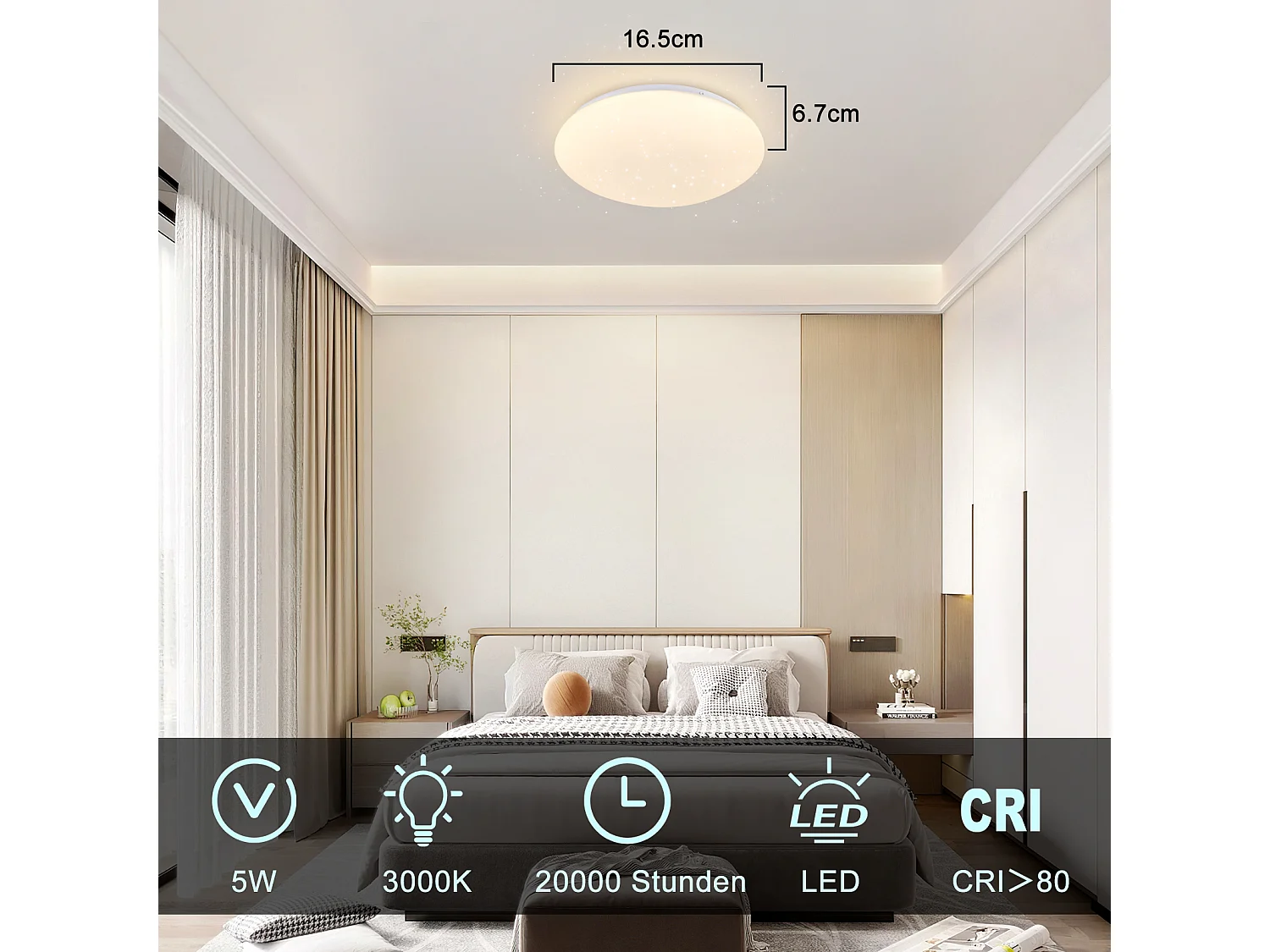 NETTLIFE Plafonnier LED Chambre - Cuisine 5W 3000K Ø 16,5 cm, Blanc Chaud, Couloir, Chambre Enfant