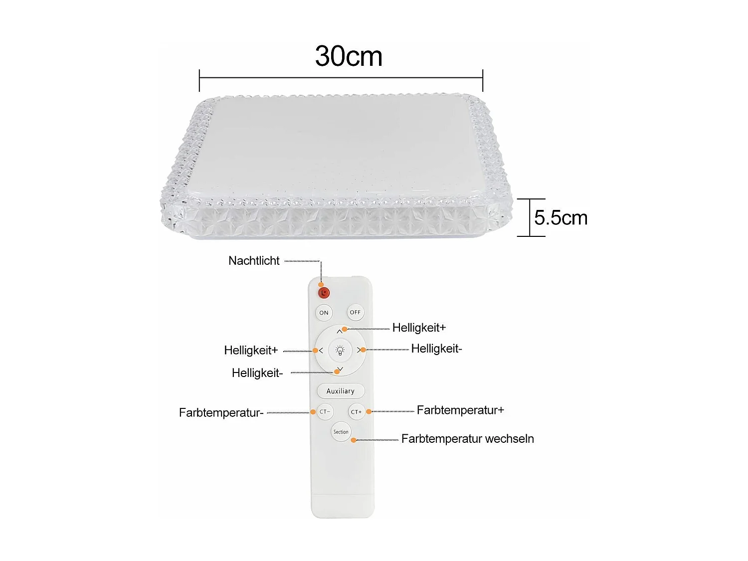 NETTLIFE Lámpara de Techo LED  Moderna Cuadrada 30CM Diseño de Cielo Estrellado de Cristal Regulable con Control Remoto Blanco Pequeño para