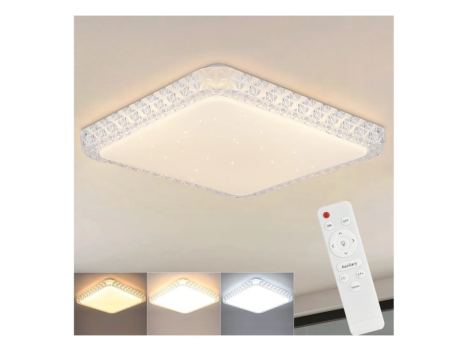 NETTLIFE Plafondlamp LED 30 cm Kristal Vierkant Sterrenhemel  3000 -6000K Dimbaar Modern Slaapkamerlamp met Afstandsbediening 32W voor Woonkamer Slaapkamer Keuken