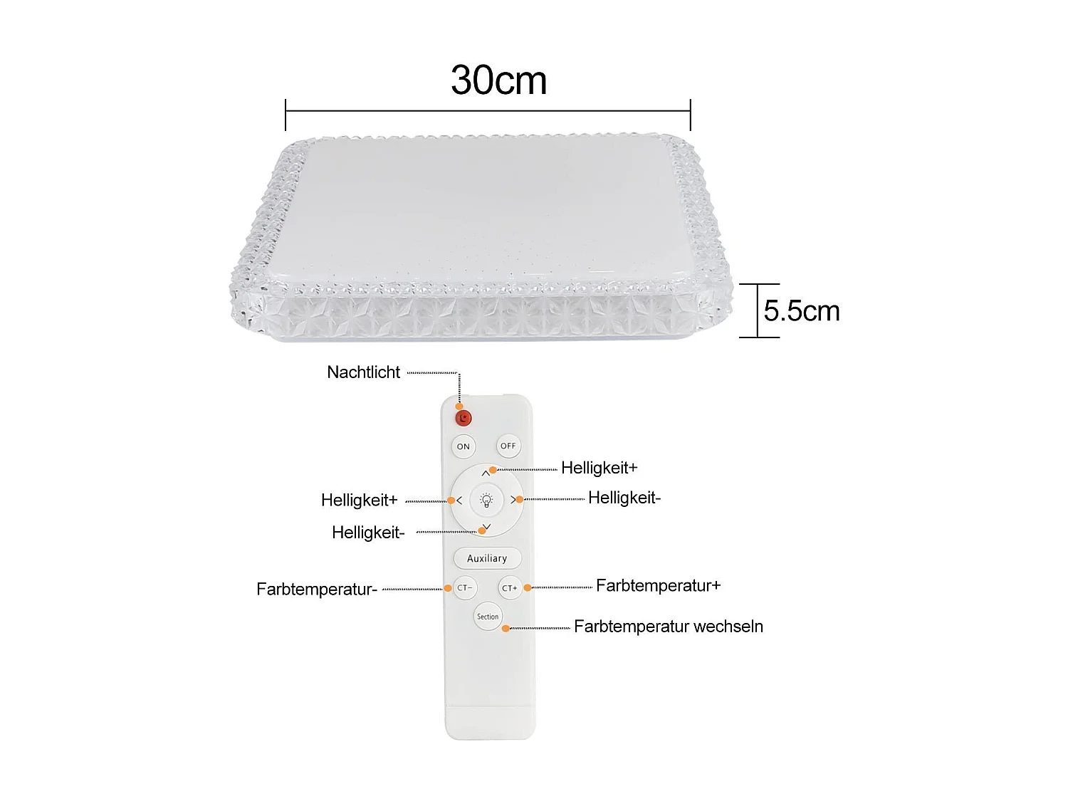 NETTLIFE Lámpara de Techo LED  Moderna Cuadrada 30CM Diseño de Cielo Estrellado de Cristal Regulable con Control Remoto Blanco Pequeño para